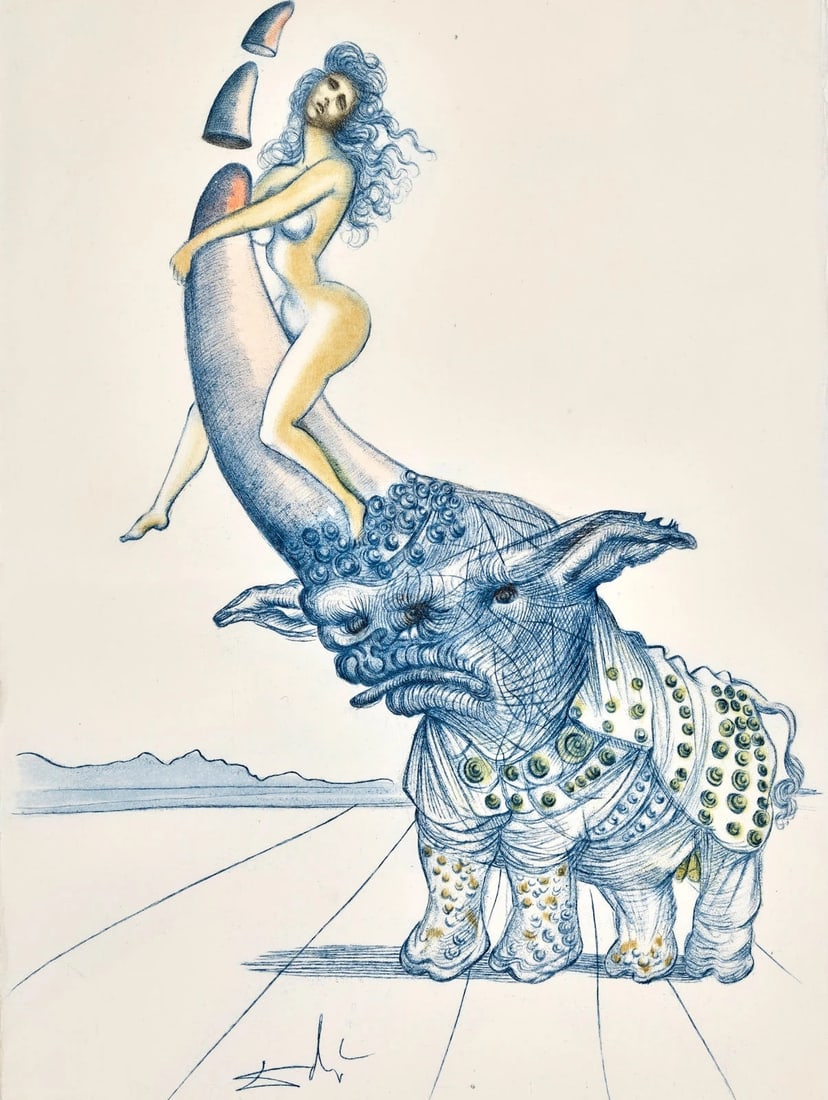 Salvador Dali - Casanova 14: Salvador Dali contrasts the delicate nude girl with the powerful rhinoceros horn, blending themes of sexuality, vulnerability, and primal strength. The painting explores the tension between human