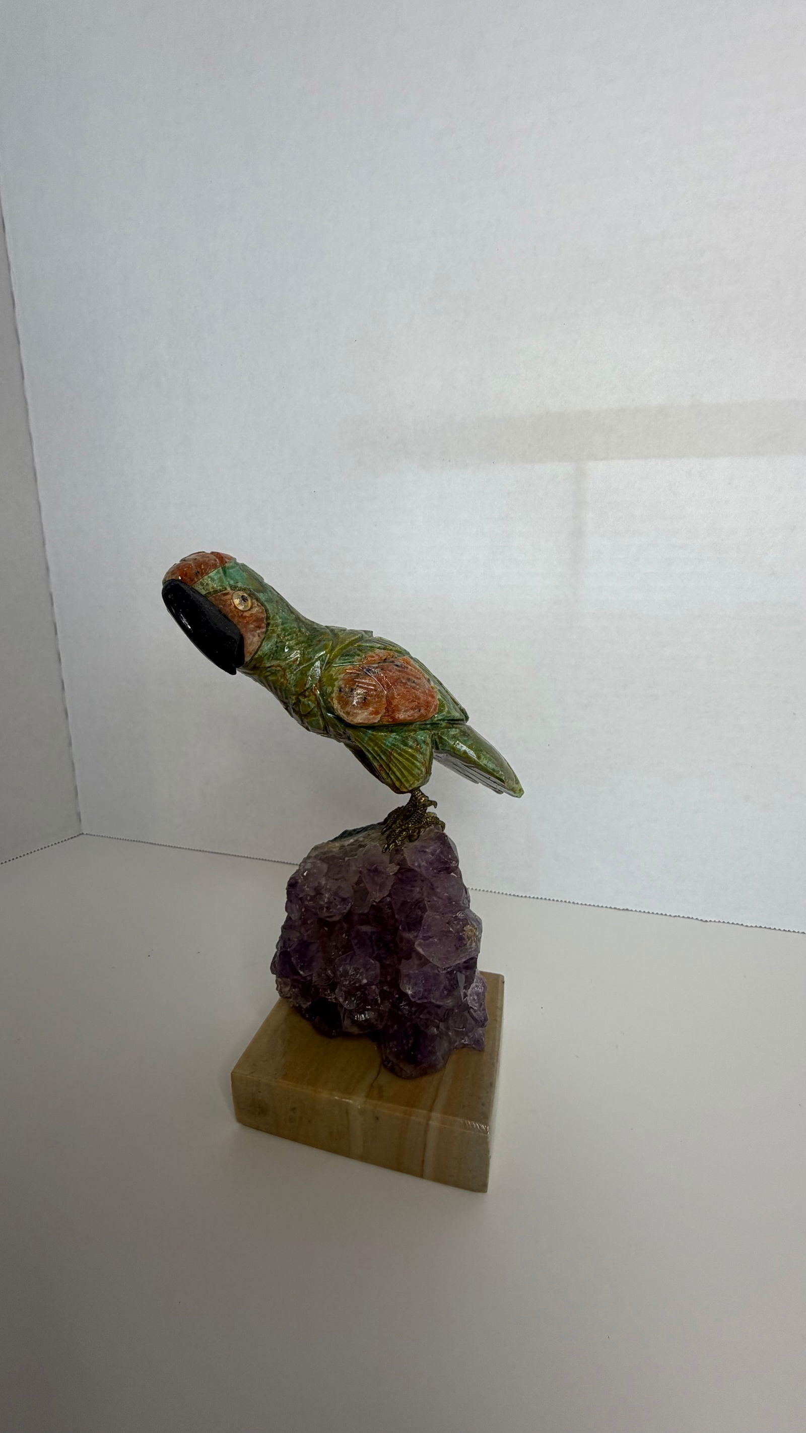 Hand-Carved Gemstone Parrot on Amethyst Cluster (1 of 3)