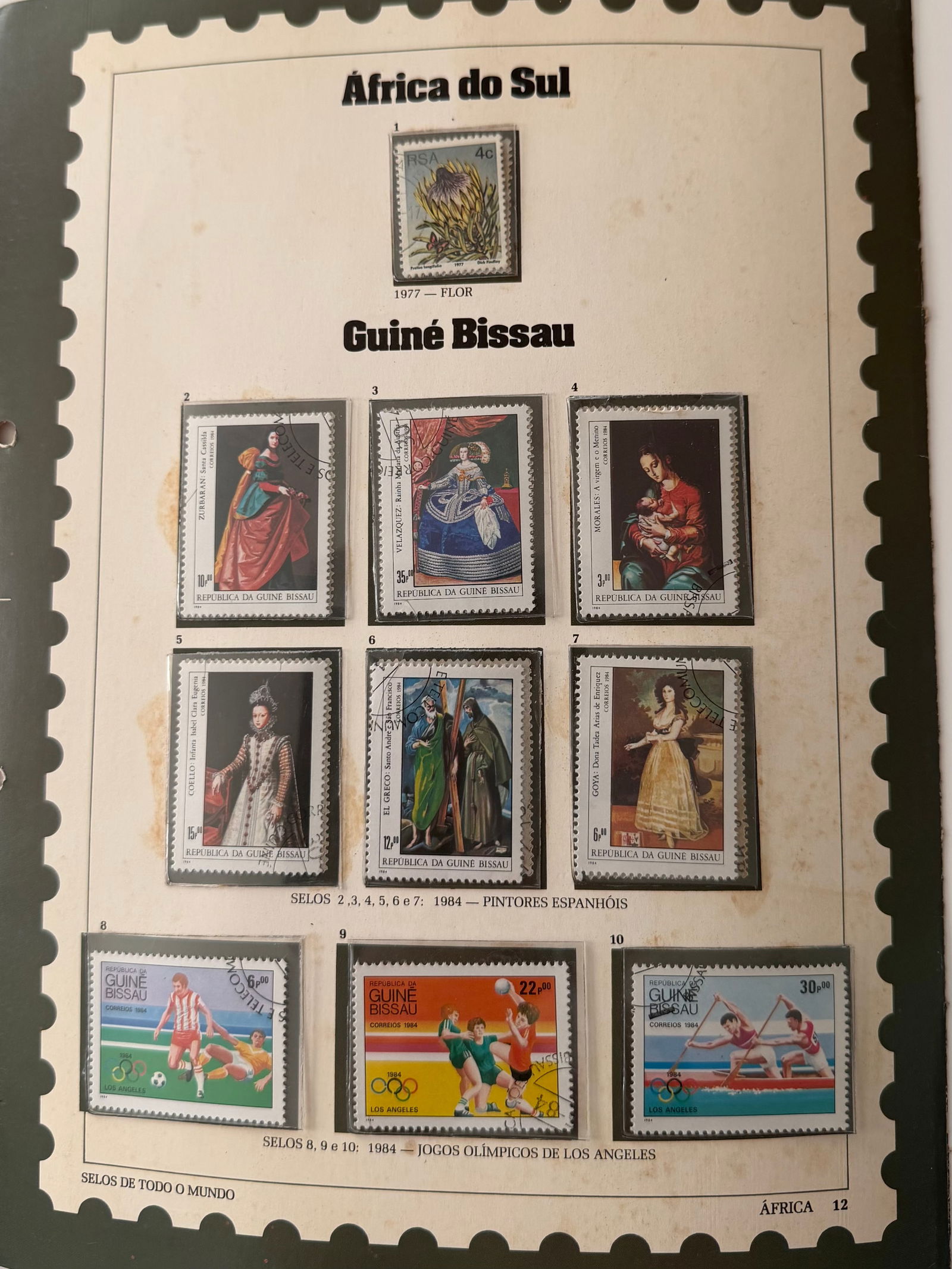 Vintage South Africa + Guinea-Bissau Stamp Collection; 10 Stamps: A single yet visually striking vintage stamp from South Africa, showcasing the nation's native wildlife through detailed illustration and classic design. This issue reflects South Africa's strong trad