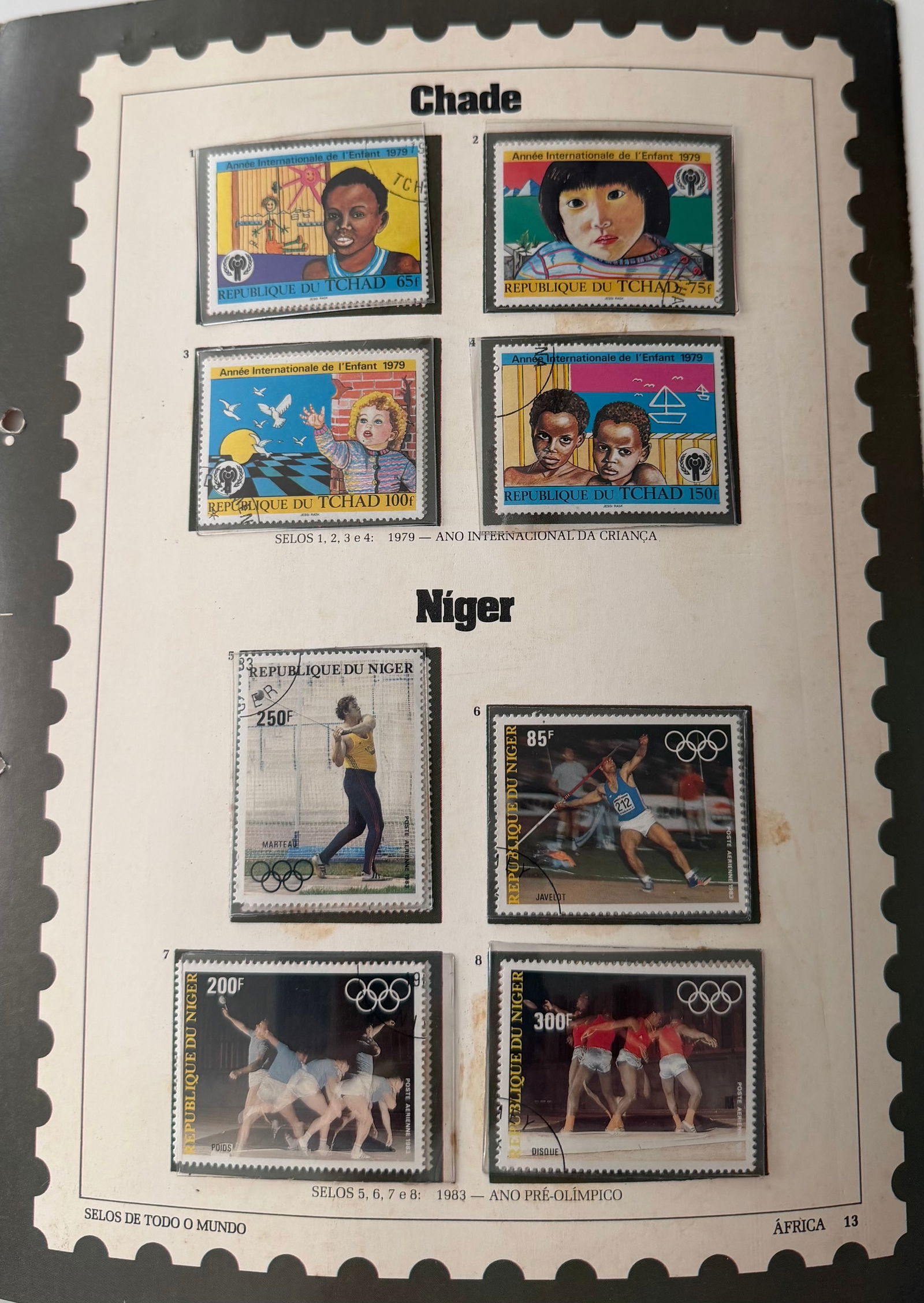 Vintage Chad + Niger 8 Stamp Collection: A bright and uplifting 4-stamp collection from Chad, celebrating universal themes of peace, friendship, and the joys of childhood. Each stamp is illustrated in a colorful, expressive style, featuring