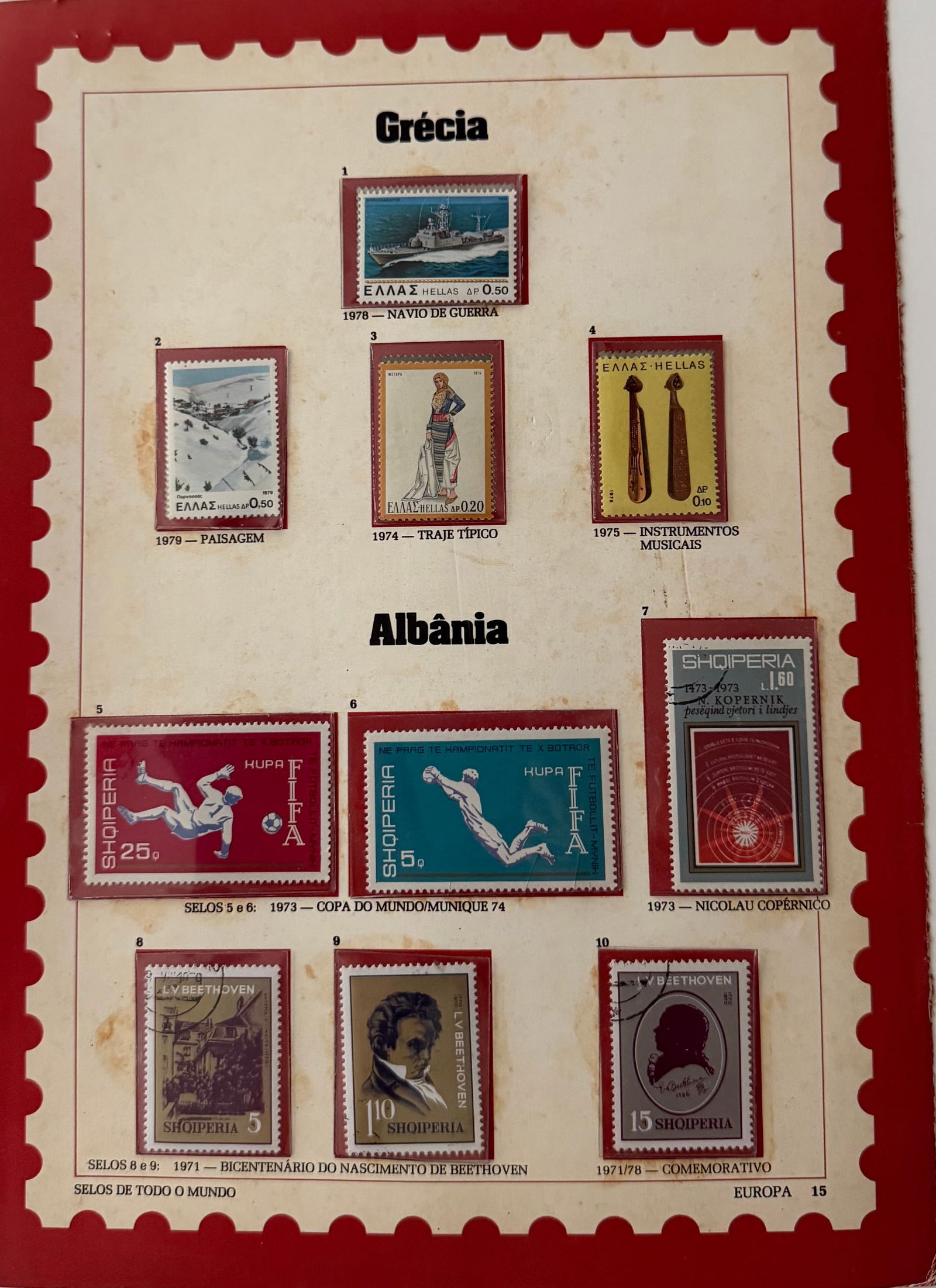 Vintage Greece + Albania Stamp Collection; 10 Stamps: A refined and culturally rich 4-stamp collection from Greece, celebrating the nation's ancient heritage through evocative imagery of mythological figures, historic landscapes, and classical architectu