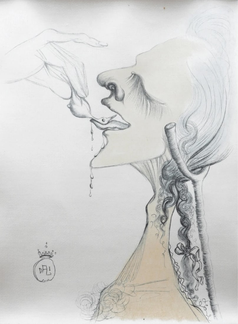 Salvador Dali - Casanova 6: It s a surrealist painting that symbolizes the tension between communication and suppressed expression. The bird, often representing freedom or the unconscious, perched on the tongue (a symbol of spee