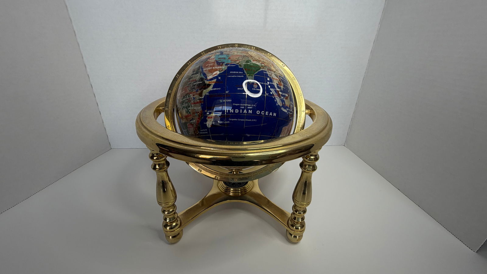 Brazilian Semi-Precious Gemstone Globe in Gold-Tone Armillary Stand (1 of 5)