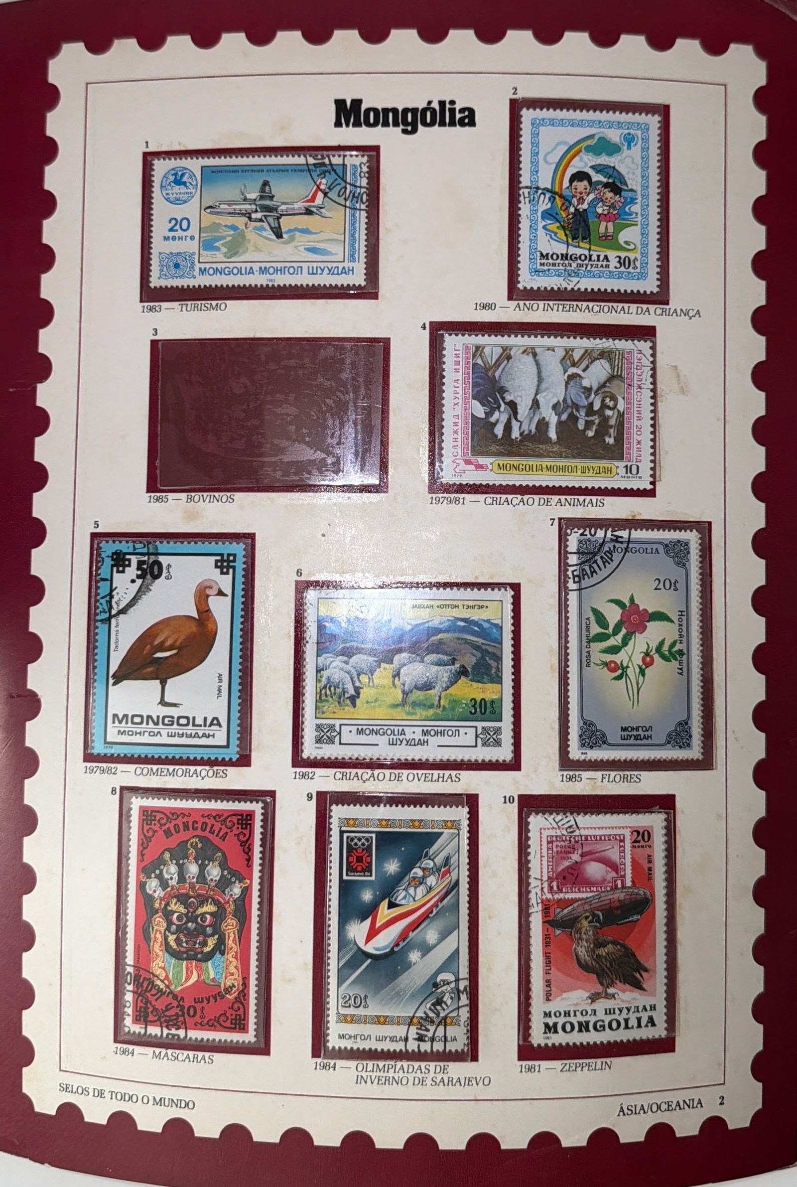 Vintage Mongolian Stamp Collection; 10 Unique Stamps (One Slot Empty): A beautifully preserved collection of 10 vintage Mongolian postage stamps, each offering a glimpse into the rich visual and cultural heritage of Mongolia through themes of wildlife, traditional life,