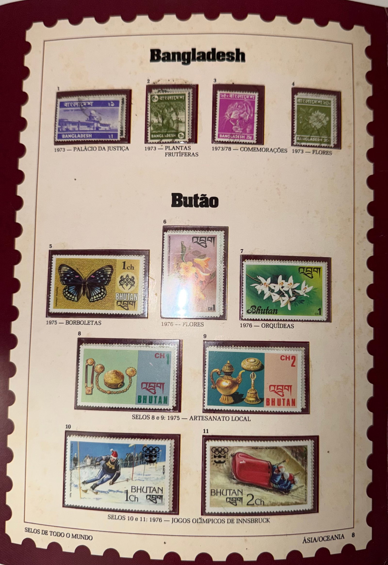 Vintage Bangladesh + Bhutan Stamp Collection; 11 Stamps: A compact yet culturally rich set of 4 vintage stamps from Bangladesh, each reflecting aspects of the nation's early independence-era identity. These stamps feature national symbols, historical refere