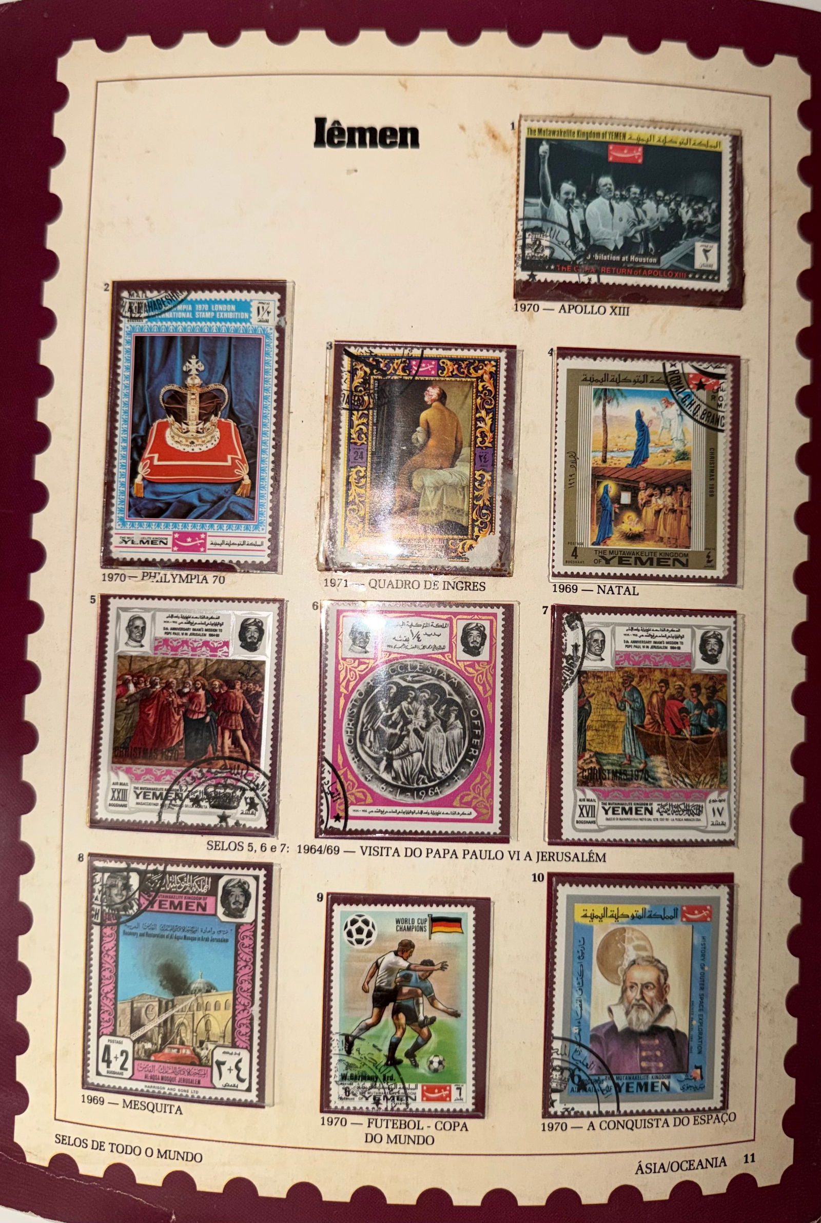 Vintage Yemen Stamp Collection; 10 Stamps Featuring Art, Religion & Global Themes: A visually rich and thematically diverse collection of 10 vintage stamps from Yemen, notable for their ornate designs and bold color palettes. This set captures a wide range of cultural and global sub