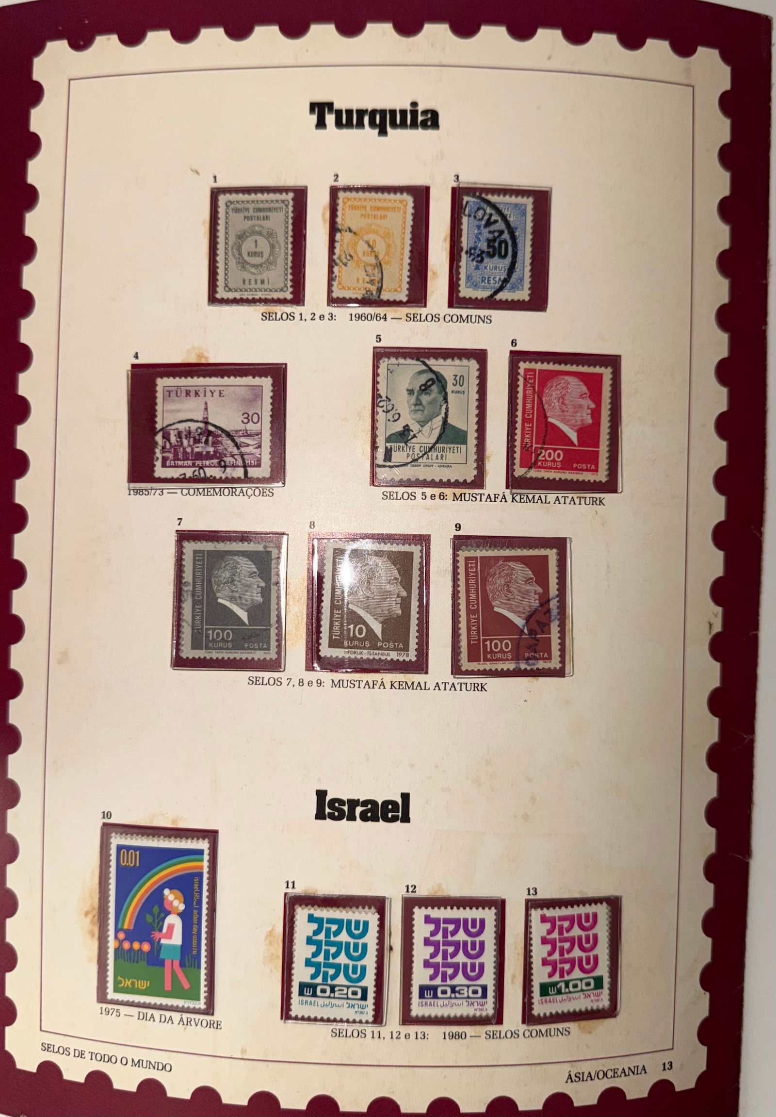 Vintage Turkey + Israel 13 Stamp Collection: A classic and dignified set of 9 vintage stamps from Turkey, highlighting the country's historical leadership and modern national identity. Several stamps in the collection feature portraits of Mustaf