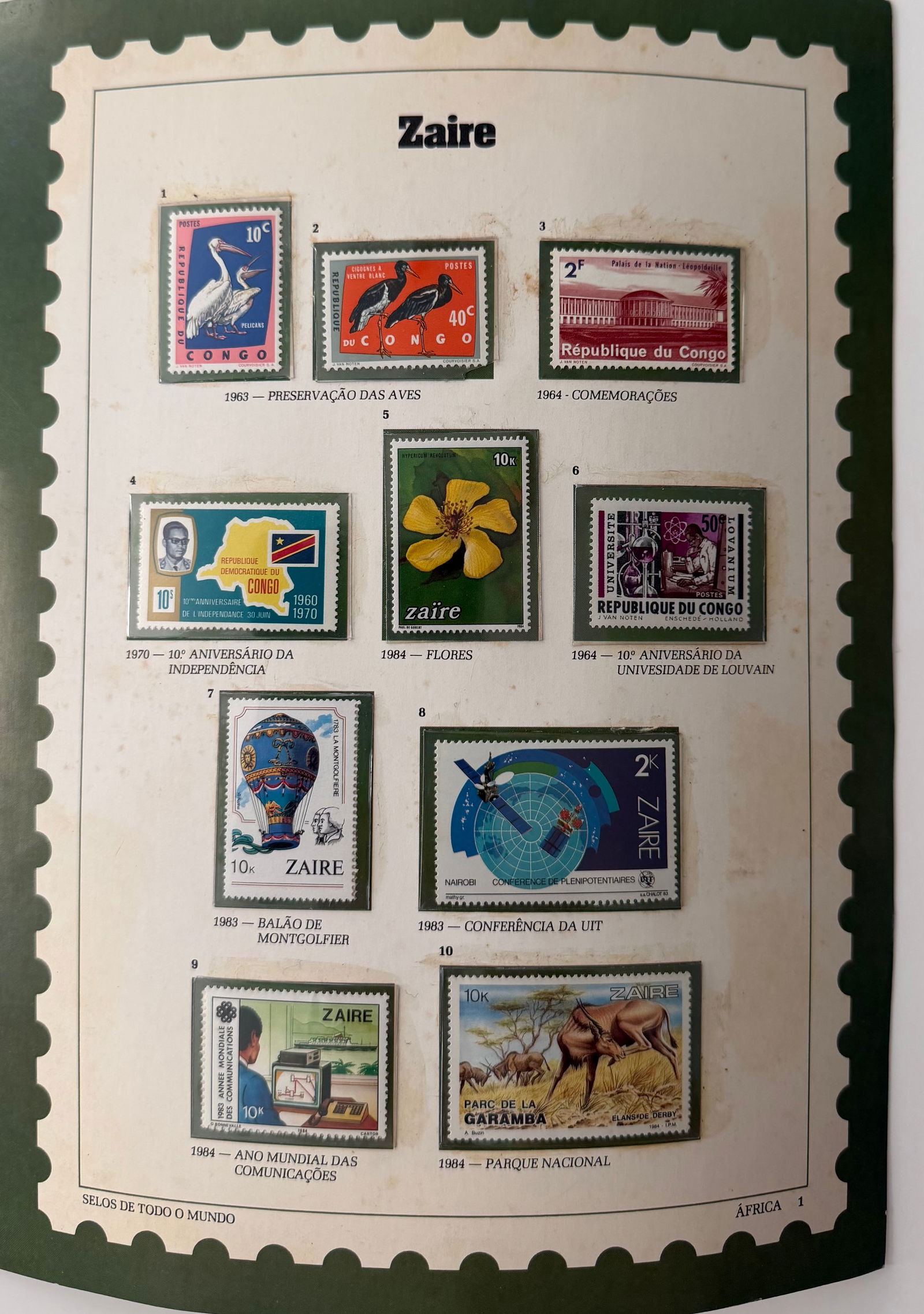 Vintage Zaire (DR of the Congo) Stamp Collection; 10 Stamps Featuring Wildlife, Space, and National: A vibrant and culturally rich collection of 10 vintage stamps from Zaire (present-day Democratic Republic of the Congo), showcasing a compelling range of themes that span wildlife, botany, space explo