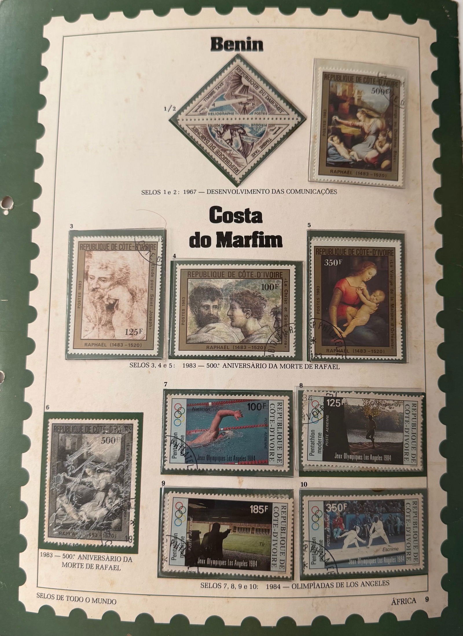 Vintage Benin + Ivory Coast (Cote, d'Ivoire) 10 Stamp Collection: A small yet refined pair of vintage stamps from Benin, celebrating themes of classical European fine art and decorative elegance. Each stamp showcases richly illustrated reproductions of traditional a