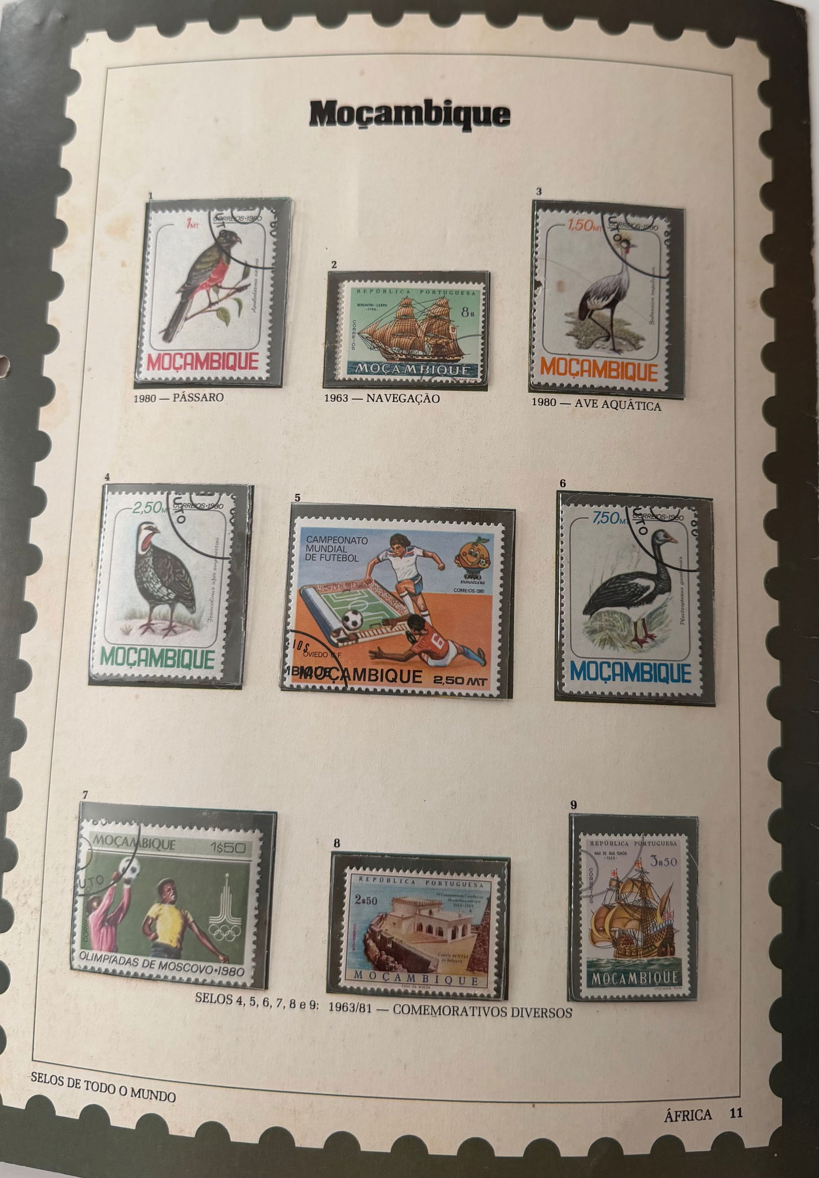 Vintage Mozambique Stamp Collection; 9 Stamps Featuring Wildlife, Sport & Cultural Themes: A diverse and visually appealing collection of 9 vintage stamps from Mozambique, presenting a well-balanced mix of natural, athletic, and cultural subjects. The set includes elegant illustrations of b