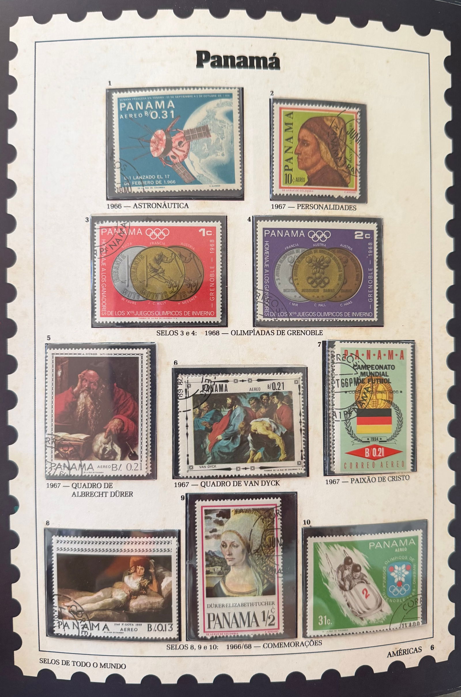 Vintage Panama Stamp Collection; 10 Stamps Featuring Art, Olympics, Science & History: An artistic and culturally diverse 10-stamp collection from Panama, highlighting a compelling blend of classical art, international sporting events, scientific themes, and historical figures. This set