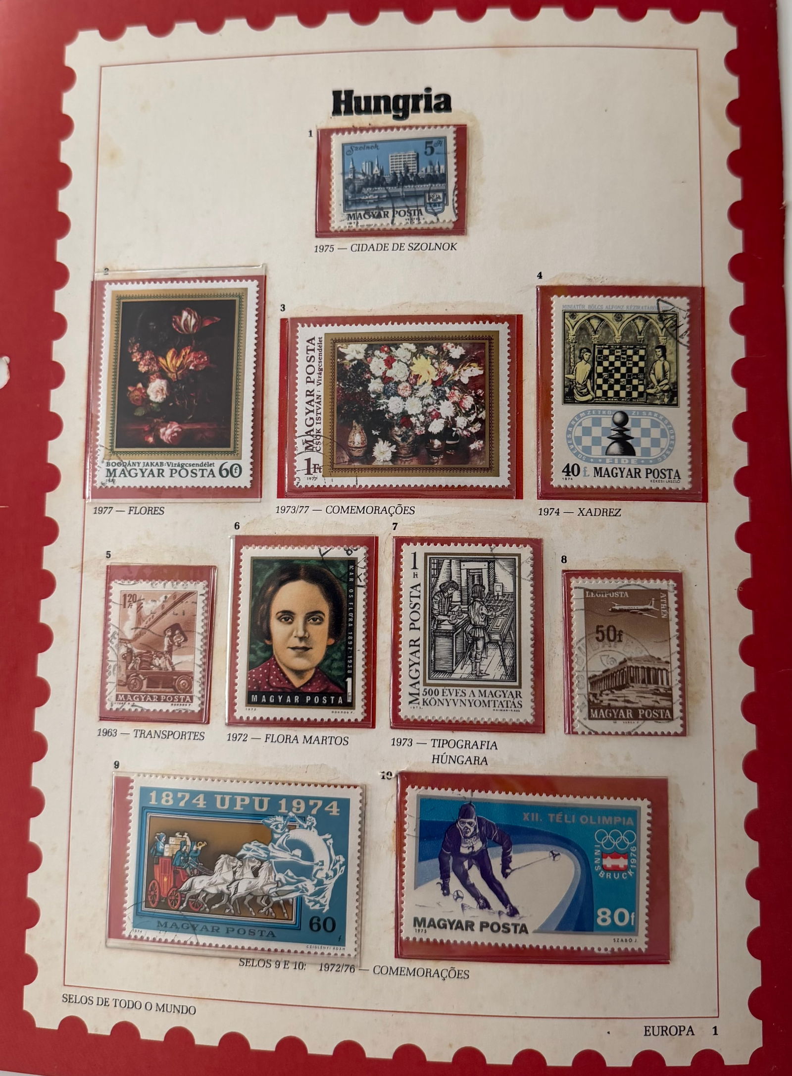 Vintage Hungary Stamp Collection; 10 Stamps Featuring Flora, Sports, Portraits & Heritage Themes: A vibrant and culturally diverse 10-stamp collection from Hungary, celebrating the nation's artistic elegance, intellectual legacy, and historical depth. This set features a harmonious blend of floral