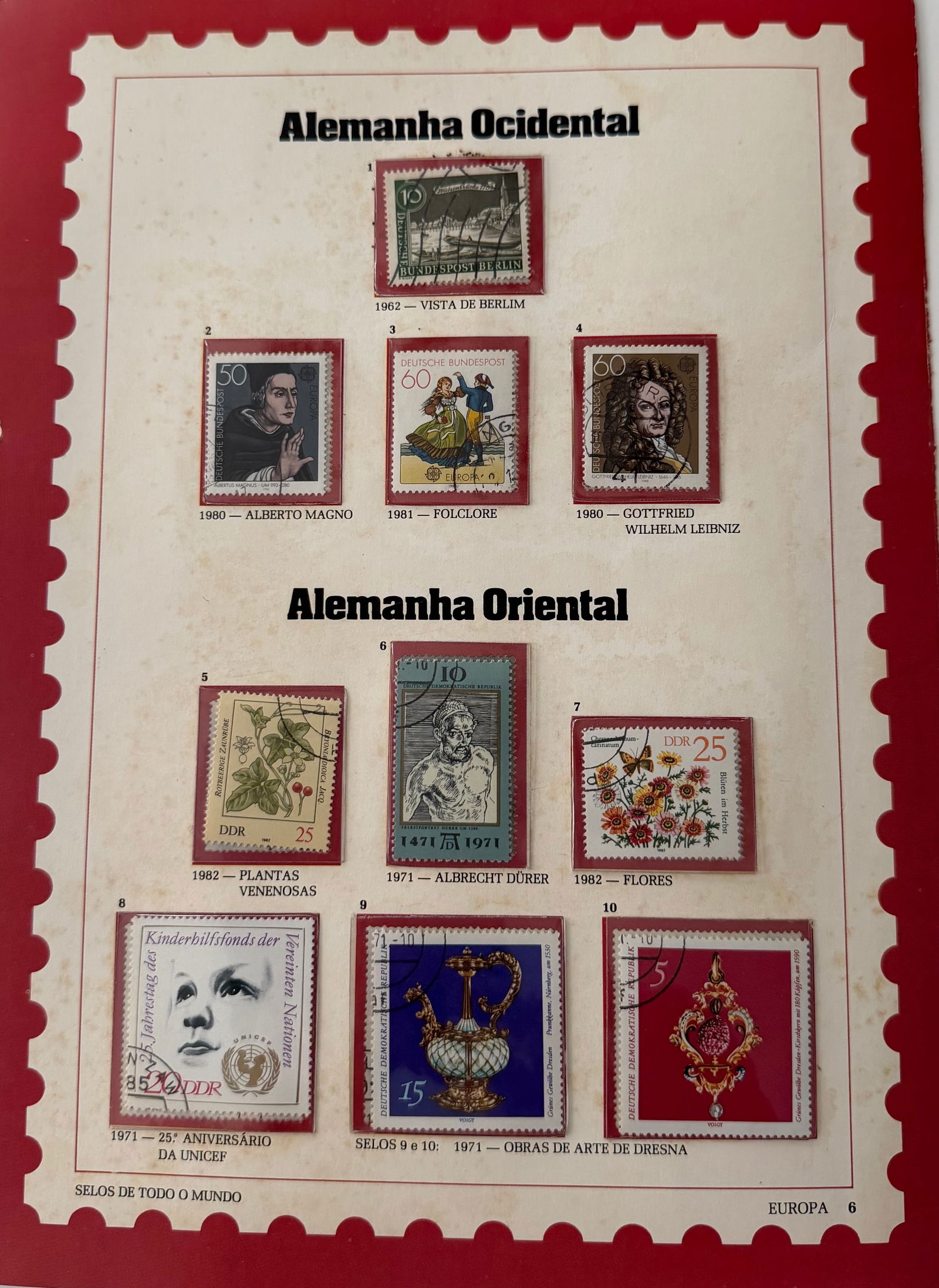 Vintage West Germany + East Germany Stamp Collection; 10 Stamps: A tasteful and intellectually inspired 4-stamp collection from West Germany, highlighting notable historical figures, cultural achievements, and classical European design aesthetics. The stamps featur