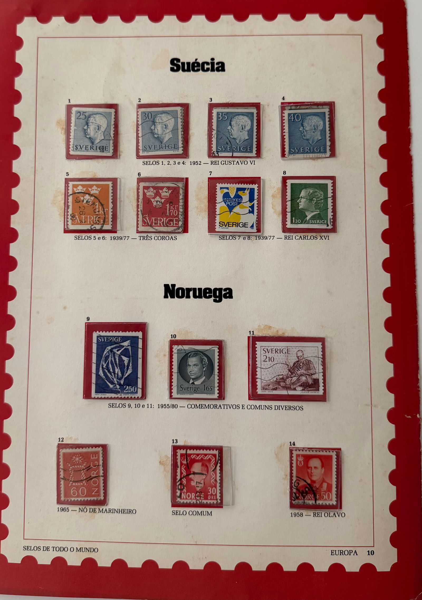 Vintage Sweden + Norway Stamp Collection; 14 Stamps: A clean and dignified 8-stamp collection from Sweden, highlighting the country's royal heritage, national emblems, and Scandinavian design sensibility. Featuring portraits of Swedish monarchs, colorfu