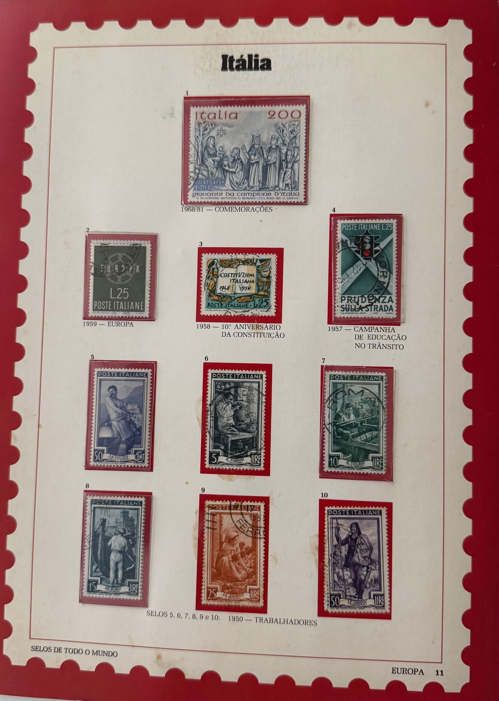 Vintage Italy Stamp Collection; 10 Stamps Featuring Classical Art, History & National Emblems: A beautifully curated 10-stamp collection from Italy, rich in artistic tradition and cultural symbolism. This elegant set includes depictions of Renaissance-style artwork, national emblems, historic e
