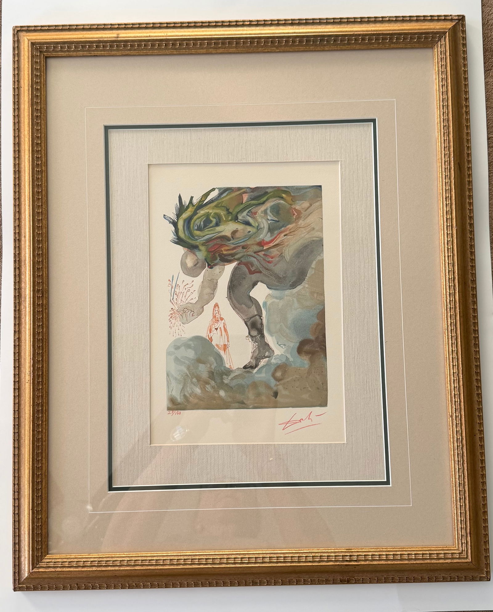 Salvador Dali's Divine Comedy - Inferno 31 SIGNED: Signed Original wood engraving on Vellum (100% cotton), made by Salvador DaliOne of a hundred (1/100) Lithograph of Water colour on wood engraving on Rives vellum paper (100% cotton) illustrating The
