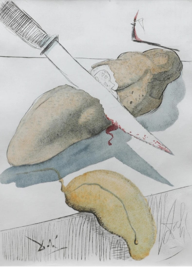 Salvador Dali - Casanova 5: That is a surrealist painting where a cut cucumber symbolizes fragmentation and dissection. The precise, hyper-realistic portrayal contrasts with the unusual presentation, creating an unsettling,