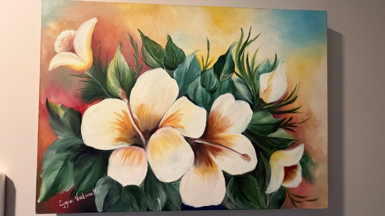 Tropical Bloom; Floral Oil Painting: A stunning composition that captures the bold elegance of tropical florals in full bloom. This original oil painting radiates warmth and vibrancy, with creamy white and golden-hued hibiscus-like flowe