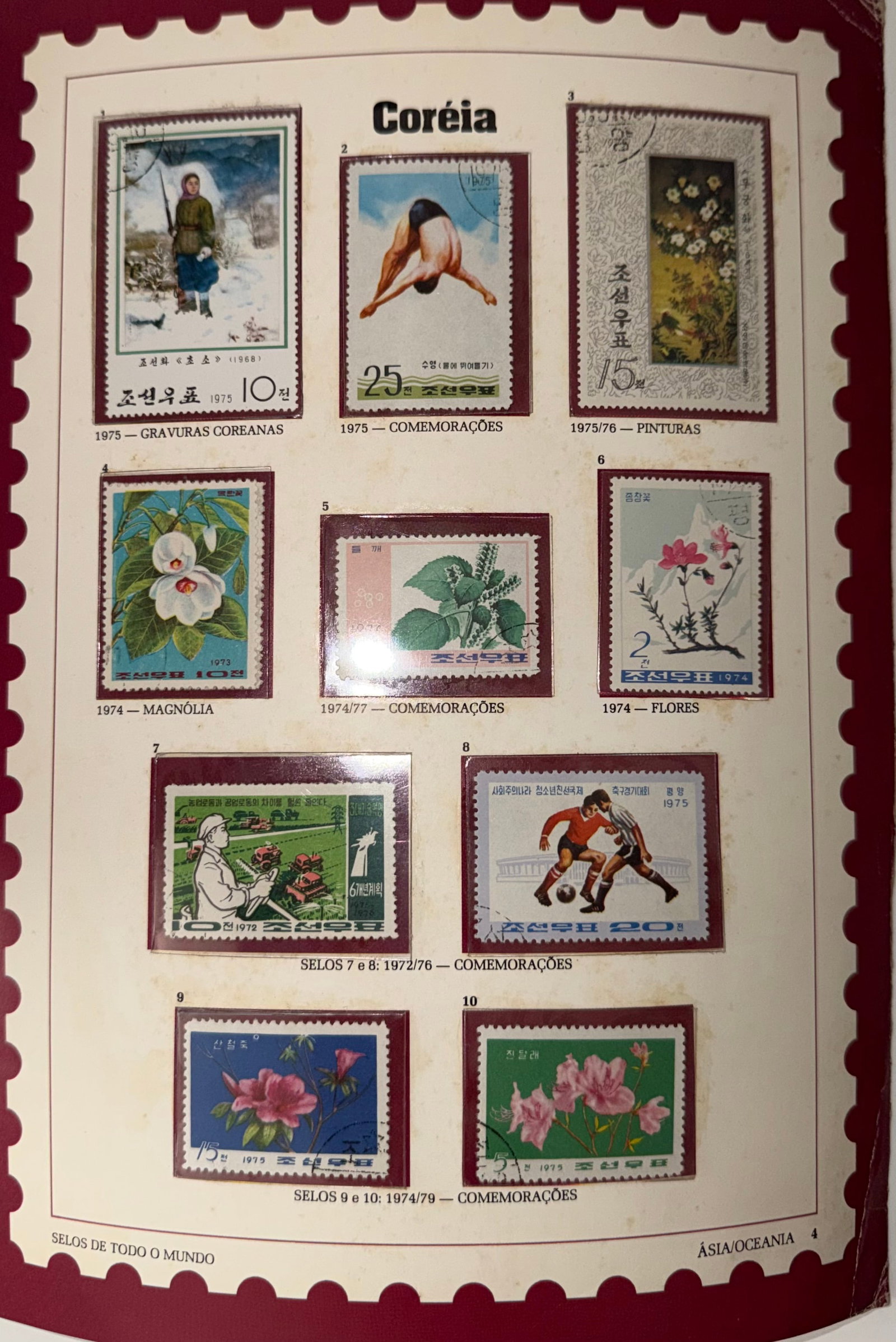 Vintage Korean Stamp Collection; 11 Illustrated Stamps Featuring Culture, Nature & Sport: A vibrant and visually engaging collection of 11 vintage stamps from Korea, highlighting the country's cultural richness, natural beauty, and national pride. This set presents a colorful variety of