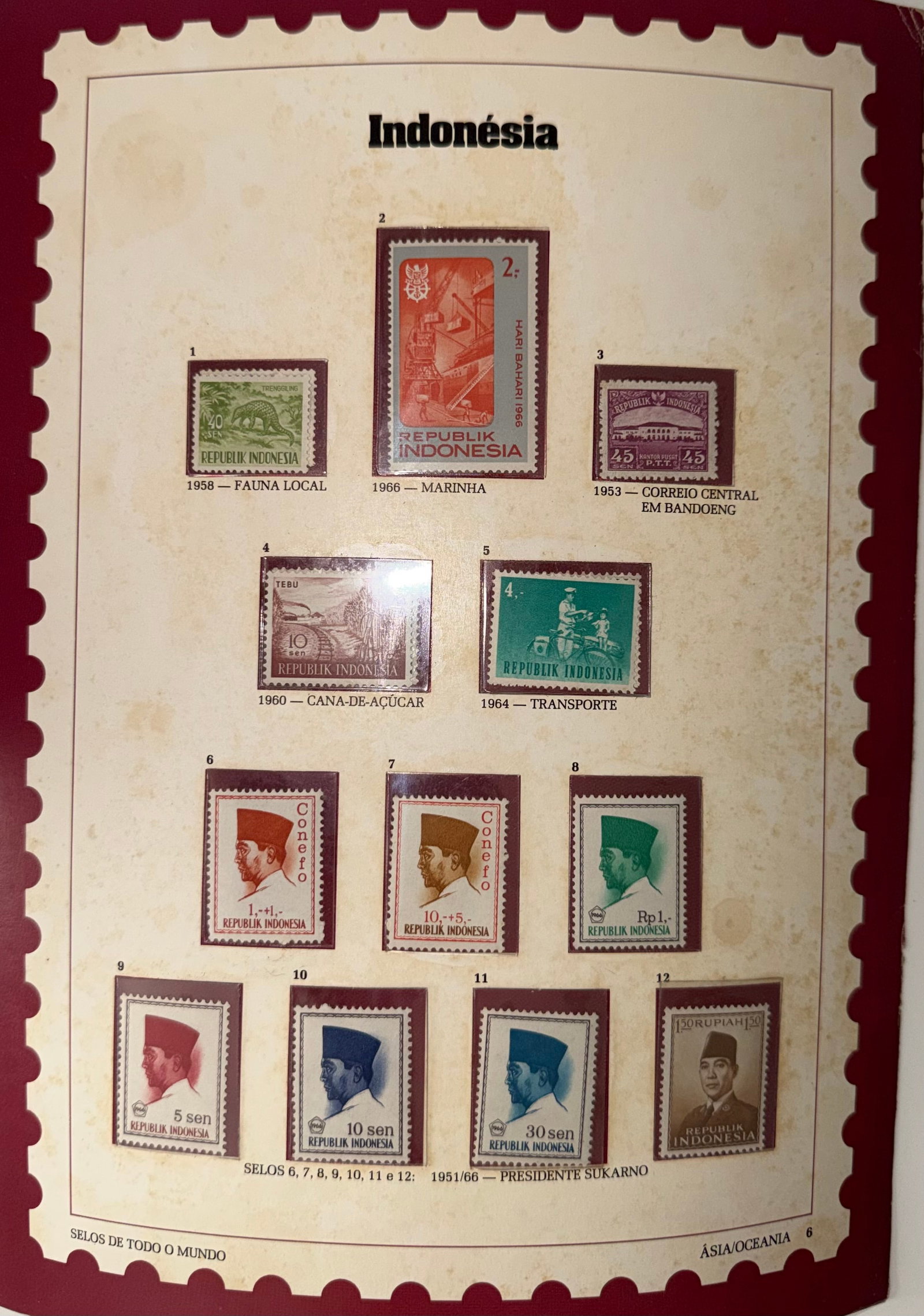 Vintage Indonesia Stamp Collection; 12 Stamps Featuring Landmarks, Leaders & National Identity: An impressive and thoughtfully assembled collection of 12 vintage Indonesian stamps, offering a visual exploration of the nation's political history, cultural heritage, and evolving identity. The stam