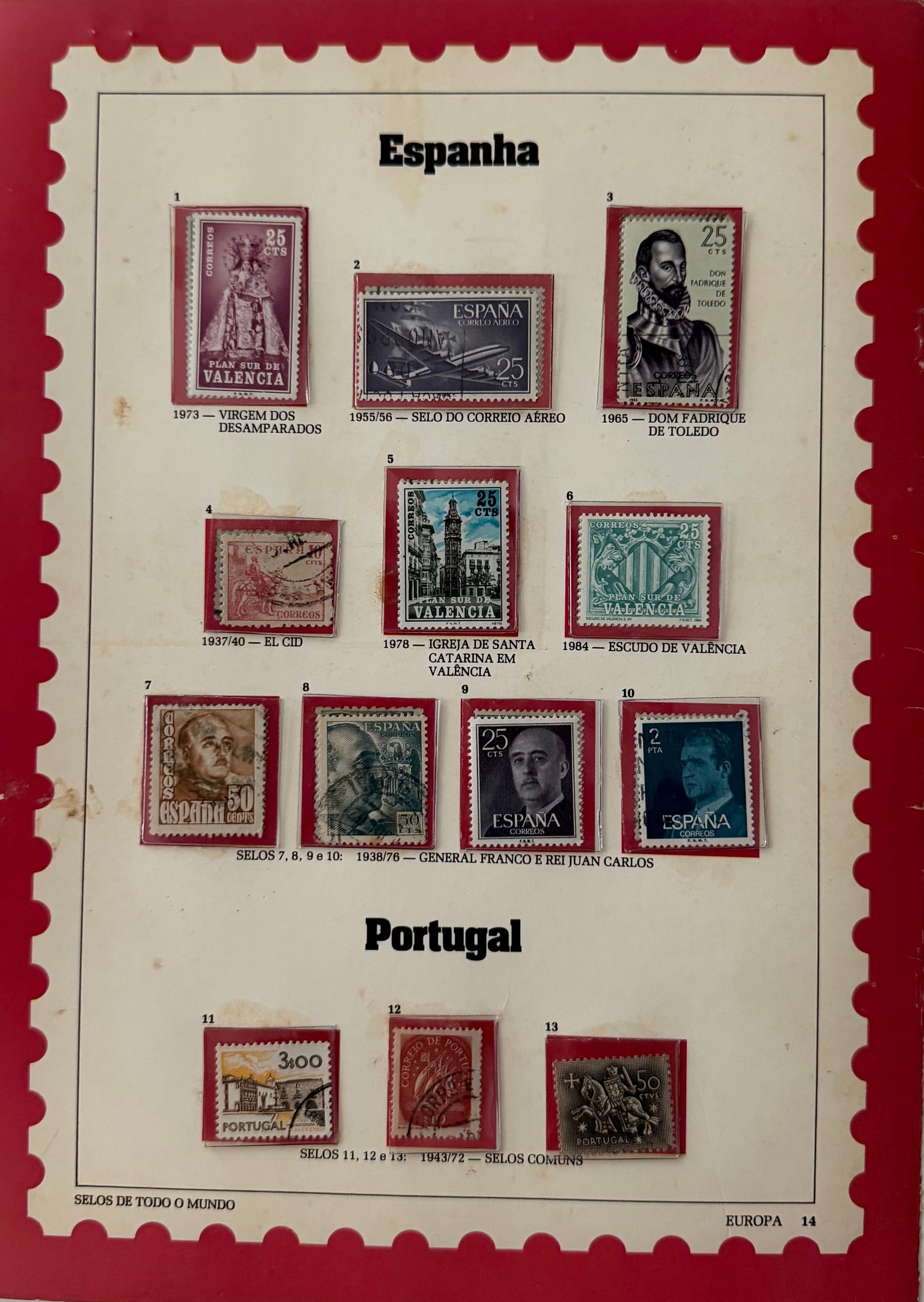 Vintage Spain + Portugal Stamp Collection; 13 Stamps: A distinguished and historically rich 10-stamp collection from Spain, showcasing a blend of regal portraits, religious themes, and architectural landmarks. The set includes finely engraved depictions