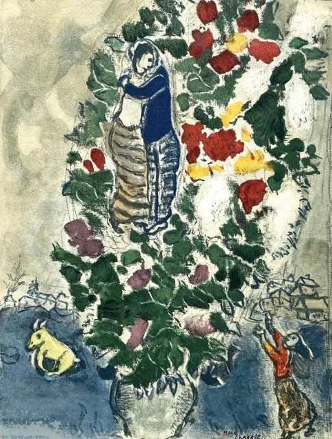 Marc Chagall - L'Amour dans la Guirlande (Love in the Garland): Marc Chagall (1887-1985)L'Amour dans la Guirlande (Love in the Garland), 1965Original Lithograph on VellumSigned in the PlateA dreamlike vision of love, joy, and floral abundance, L'Amour dans la