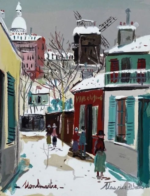 Maurice Utrillo - Montmartre, Sous la Neige (Montmartre in the Snow): Maurice Utrillo (1883-1955)Montmartre, Sous la Neige (Montmartre in the Snow)Original Color LithographSigned in the PlateDimensions: Approx. 15 x 11 in. (38 x 28 cm)This nostalgic lithograph by Mauric