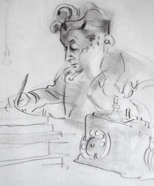 Andre Warnod - L'Homme au Telephone: L'Homme au Telephone Original Lithograph on VellumSigned in the PlateA poetic and elegant lithograph, this drawing captures a contemplative man in mid-thought, his hand resting against his face as he 