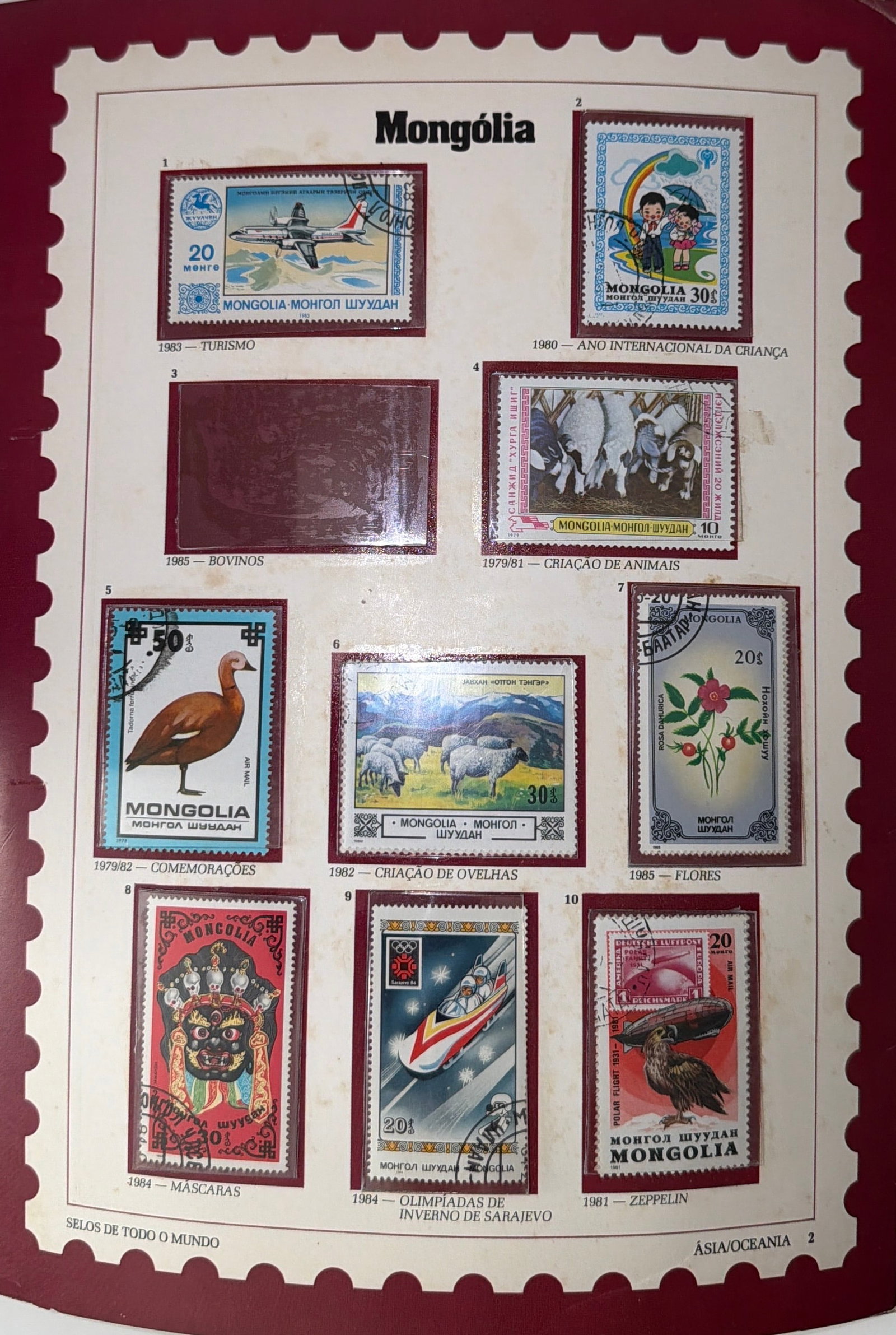 Vintage Mongolian Stamp Collection; 10 Unique Stamps (One Slot Empty): A beautifully preserved collection of 10 vintage Mongolian postage stamps, each offering a glimpse into the rich visual and cultural heritage of Mongolia through themes of wildlife, traditional life, 