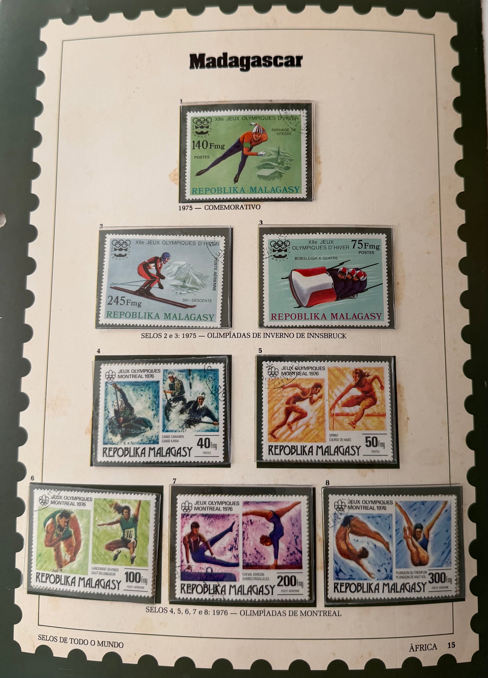 Vintage Madagascar Stamp Collection; 8 Stamps Featuring Athletics, Birds & Symbolic Themes: An energetic and visually striking 8-stamp collection from Madagascar, celebrating human movement, athletic excellence, and natural grace. The set features dynamic illustrations of runners, divers, cy