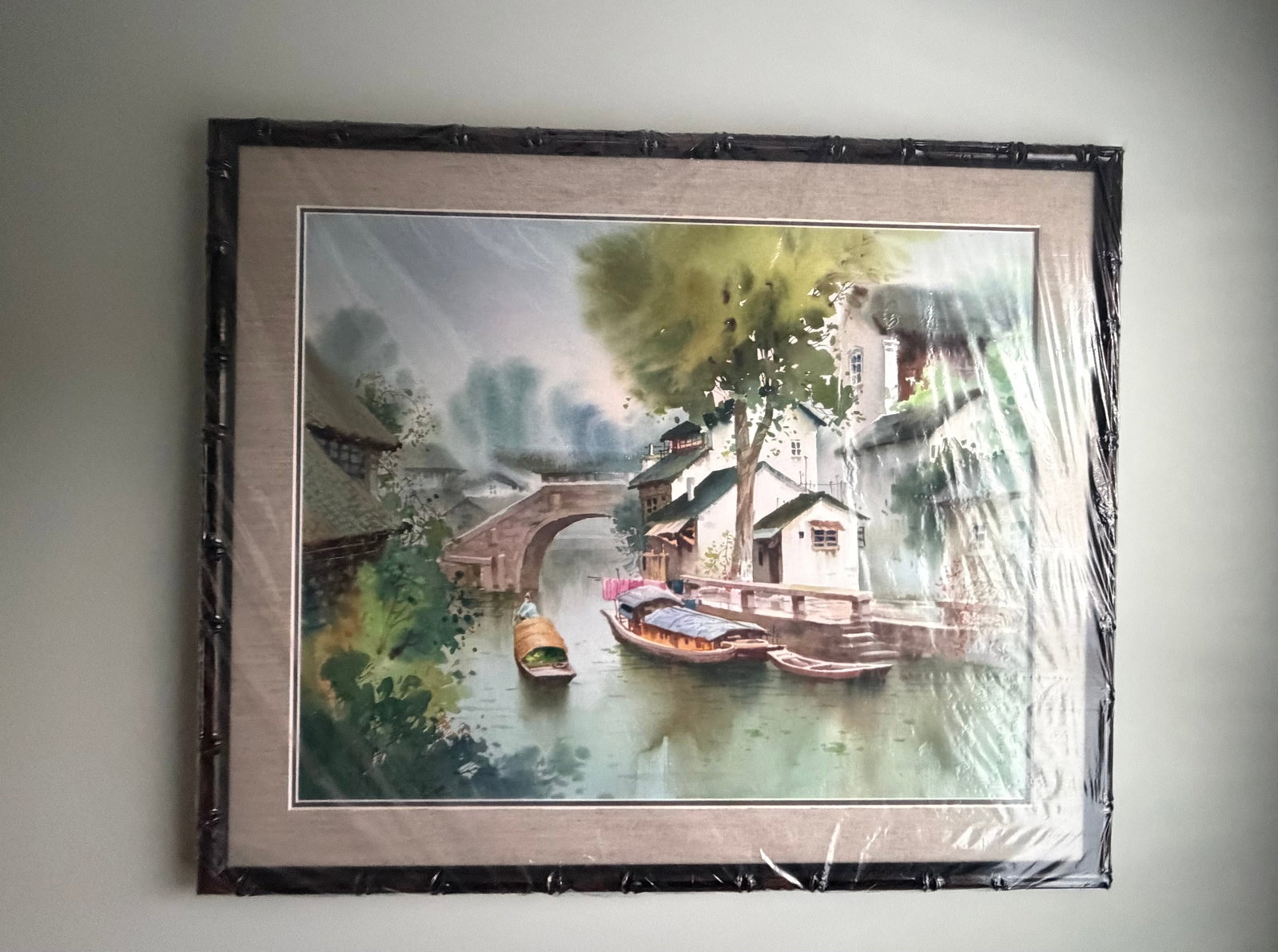Chinese Painting: Tranquility on the Canal - Traditional Chinese Watercolor on PaperSigned in Chinese characters, lower rightWatercolor on paperDimensions (Framed): Approx. 24 in x 28 in (61 cm x 71 cm)Framing: