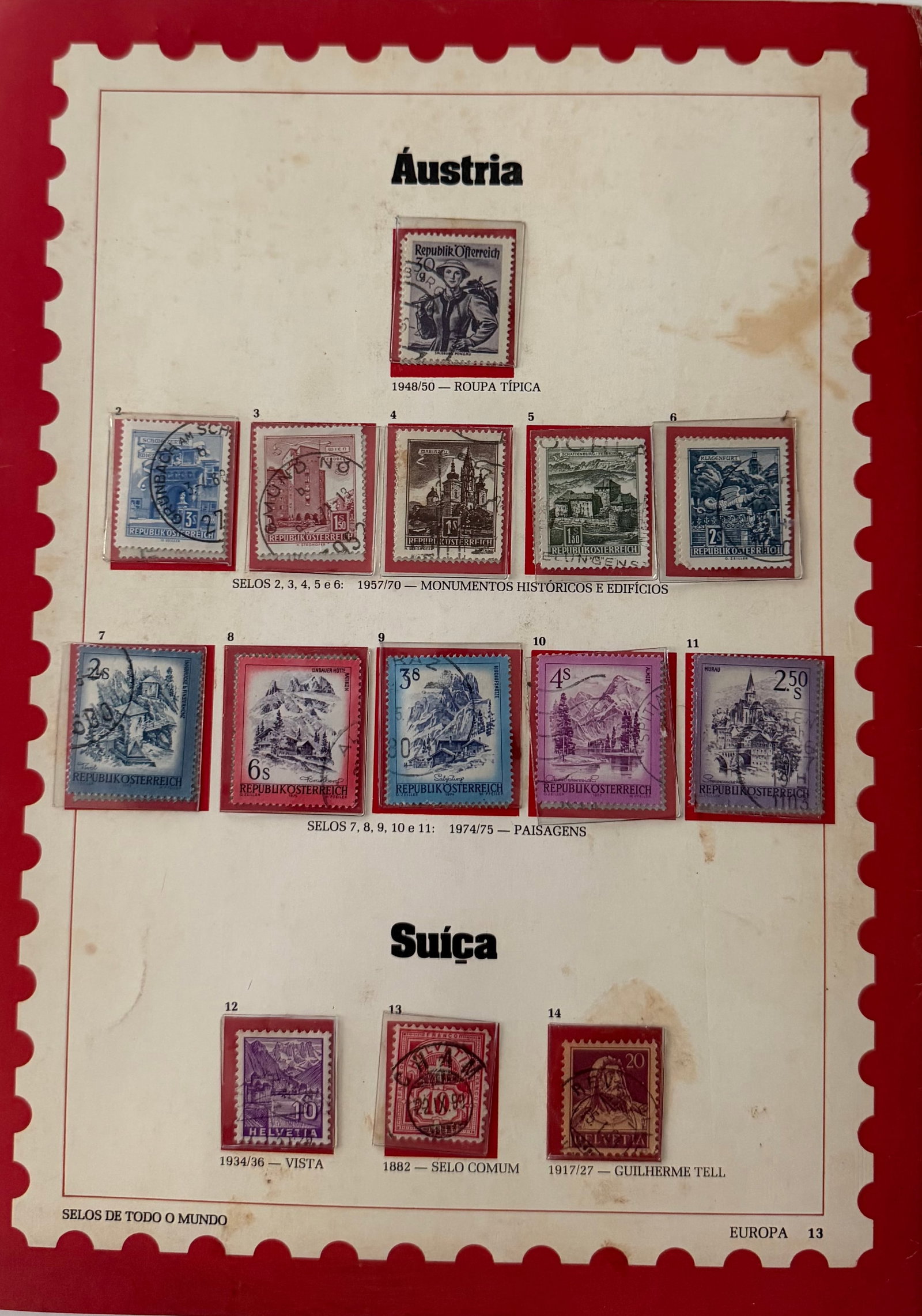 Vintage Austria + Switzerland Stamp Collection; 14 Stamps: A richly detailed 11-stamp collection from Austria, celebrating the country's architectural heritage, historic landmarks, and national symbols. Featuring finely engraved illustrations of cathedrals, c