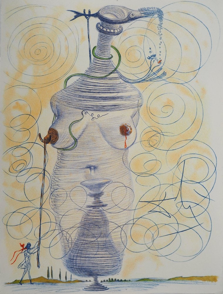 Casanova 4: It s a surrealist painting where the large flask symbolizes containment, representing the unconscious mind or repressed emotions. Dali's use of distorted forms and dreamlike elements explores themes