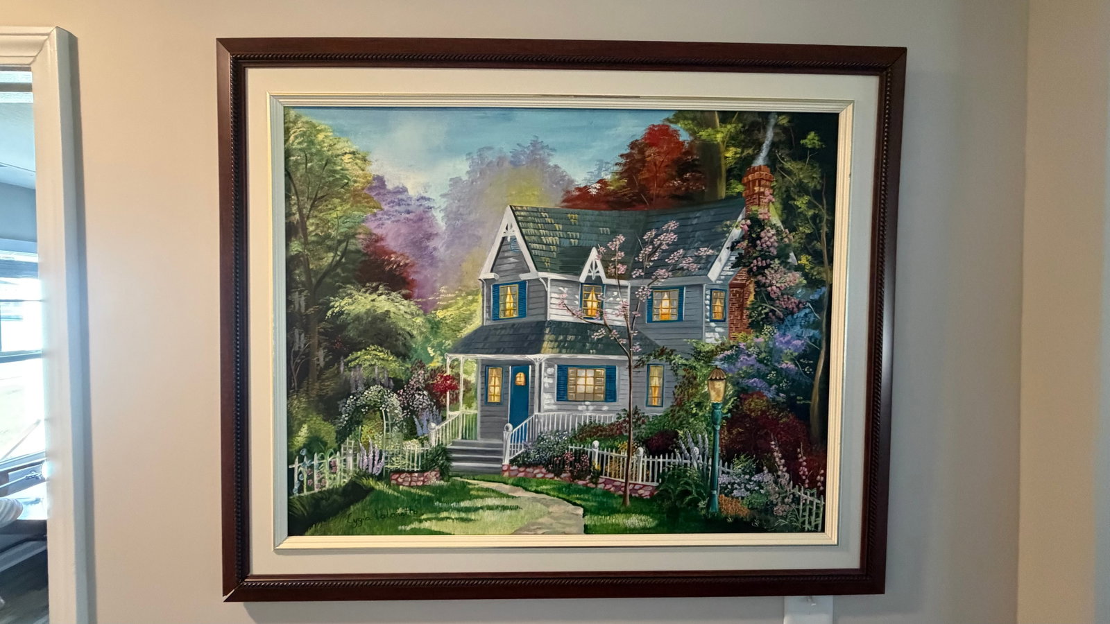 Cottage at Dusk; Romantic Landscape Painting in Storybook Style: A captivating depiction of a cozy, blue-trimmed cottage nestled in a lush, flowering garden. Bathed in the gentle twilight glow, the warm light from the windows hints at life within;perhaps tea on the