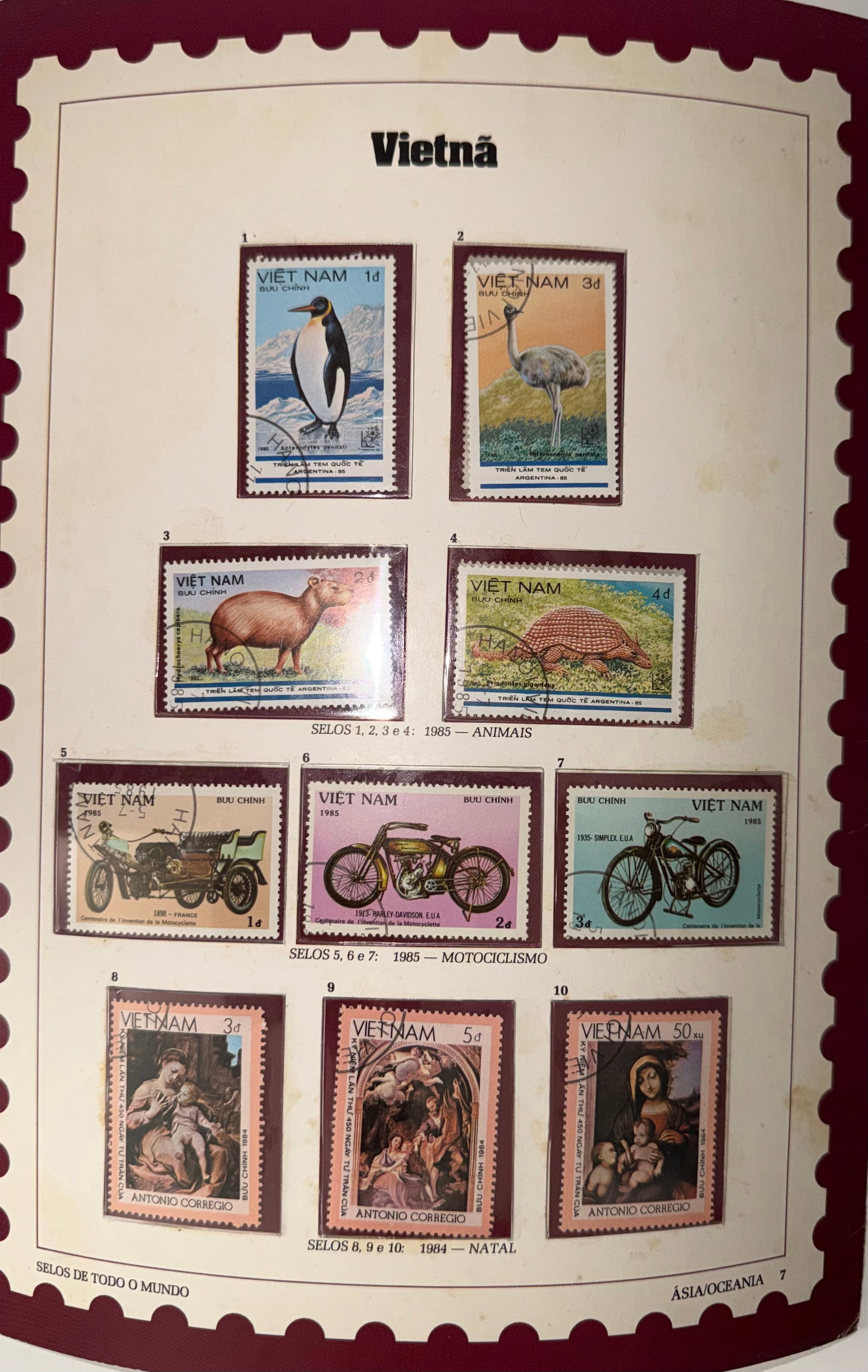 Vintage Vietnam Stamp Collection; 10 Eclectic Stamps Featuring Wildlife, Motorcycles & Art: A visually captivating collection of 10 vintage Vietnamese stamps, offering an eclectic mix of themes that span native wildlife, vintage transportation, and classical art. This set features striking