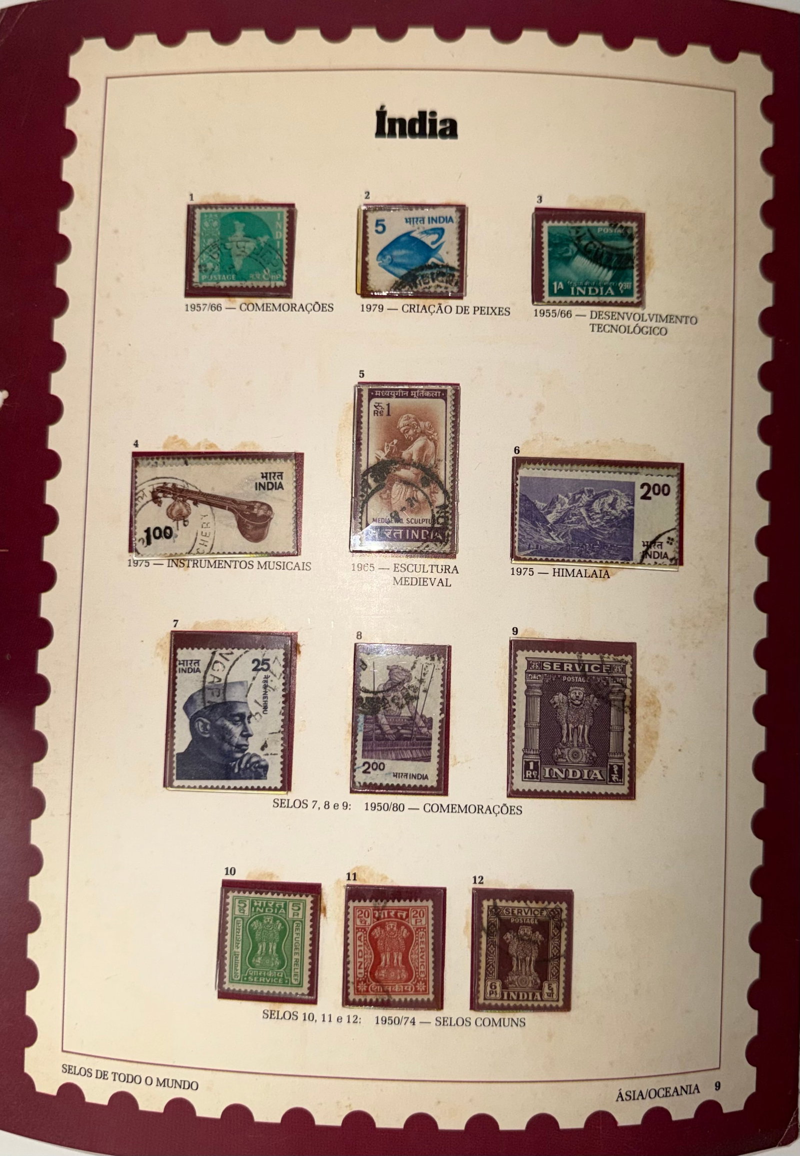 Vintage India Stamp Collection; 12 Stamps Featuring Culture, History & Architecture: A thoughtfully curated collection of 12 vintage Indian stamps, capturing the essence of India's diverse heritage through themes of culture, history, and architecture. This set includes portraits of