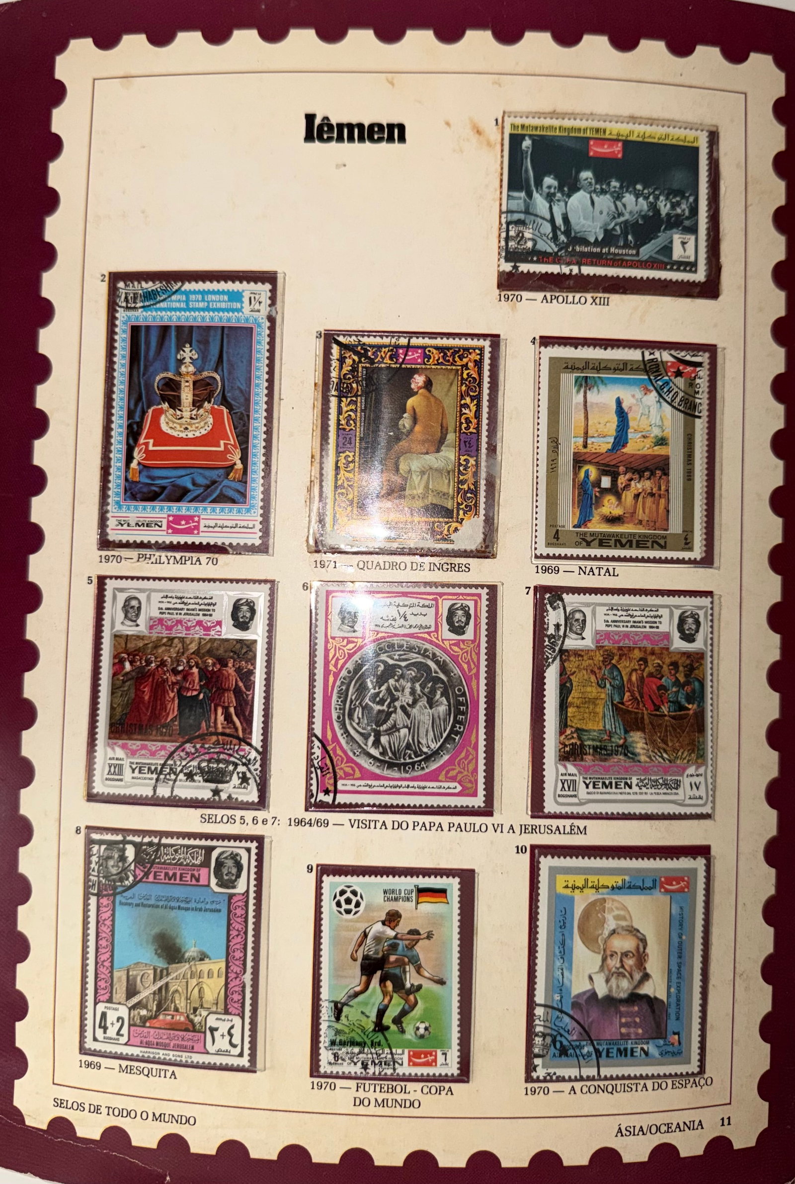 Vintage Yemen Stamp Collection; 10 Stamps Featuring Art, Religion & Global Themes: A visually rich and thematically diverse collection of 10 vintage stamps from Yemen, notable for their ornate designs and bold color palettes. This set captures a wide range of cultural and global