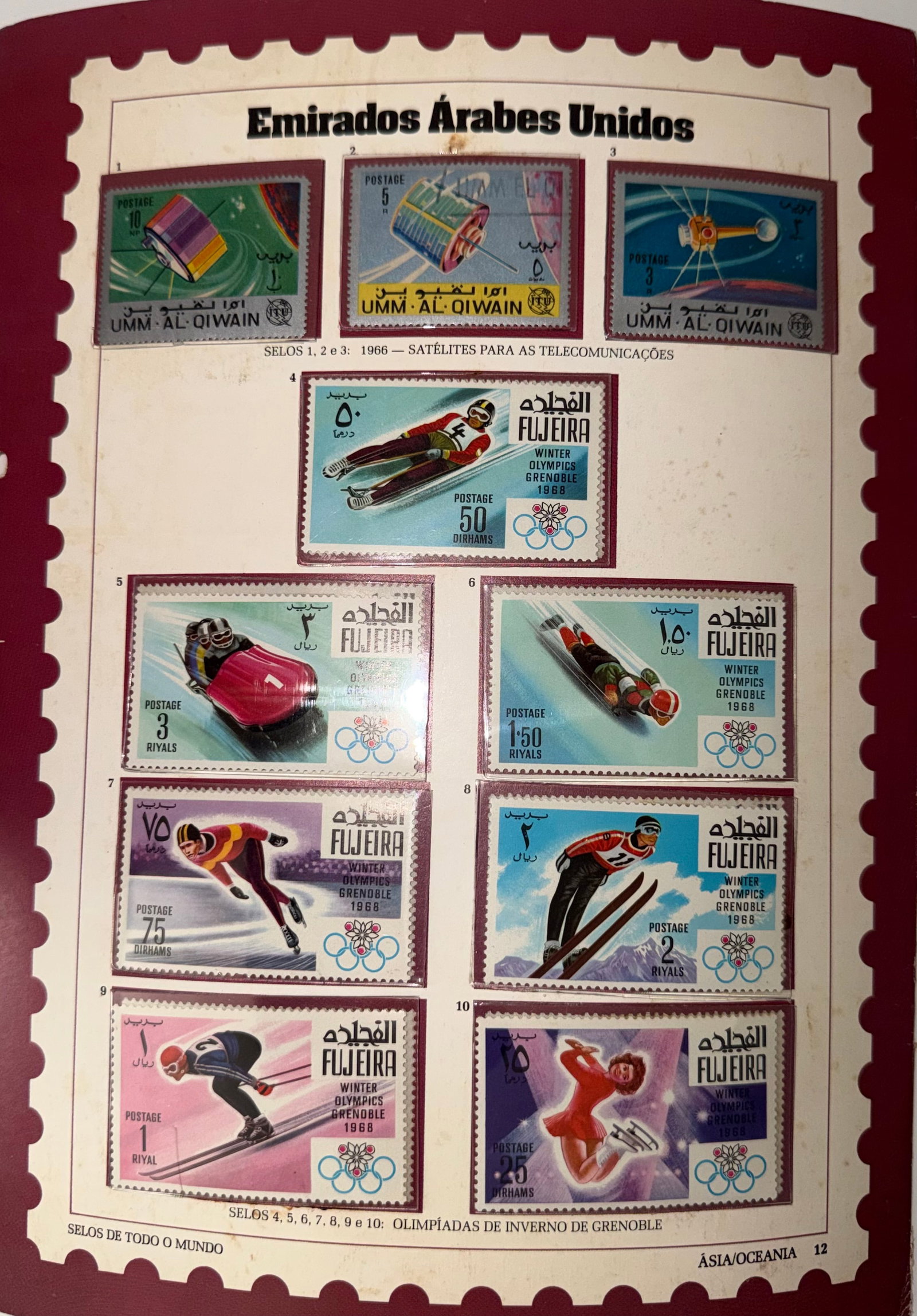 Vintage United Arab Emirates Stamp Collection; Featuring Winter Sports & Modern Technology: A dynamic and visually striking collection of 10 vintage stamps from the United Arab Emirates, with a bold emphasis on Winter Olympic sports and modern technological themes. Issued primarily by Umm