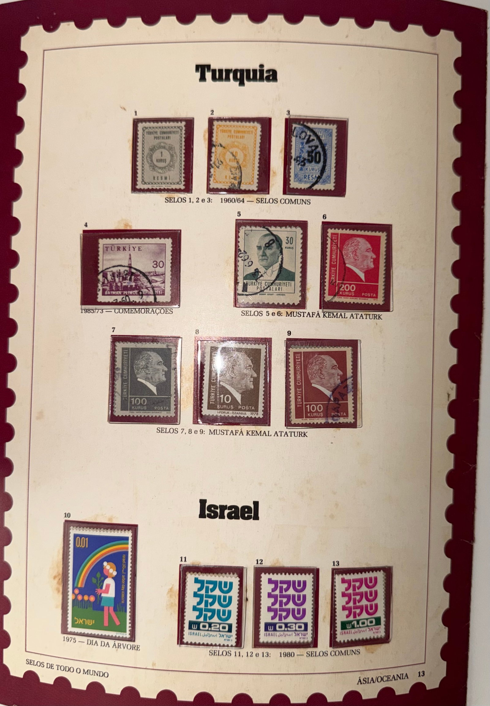Vintage Turkey + Israel 13 Stamp Collection: A classic and dignified set of 9 vintage stamps from Turkey, highlighting the country's historical leadership and modern national identity. Several stamps in the collection feature portraits of