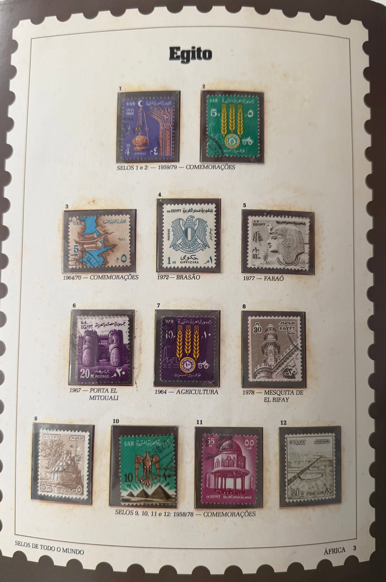 Vintage Egypt Stamp Collection; 12 Stamps Featuring Monuments, Calligraphy & National Heritage: A visually rich and culturally significant collection of 12 vintage stamps from Egypt, celebrating the nation's deep historical legacy and artistic identity. This set includes intricate depictions of 