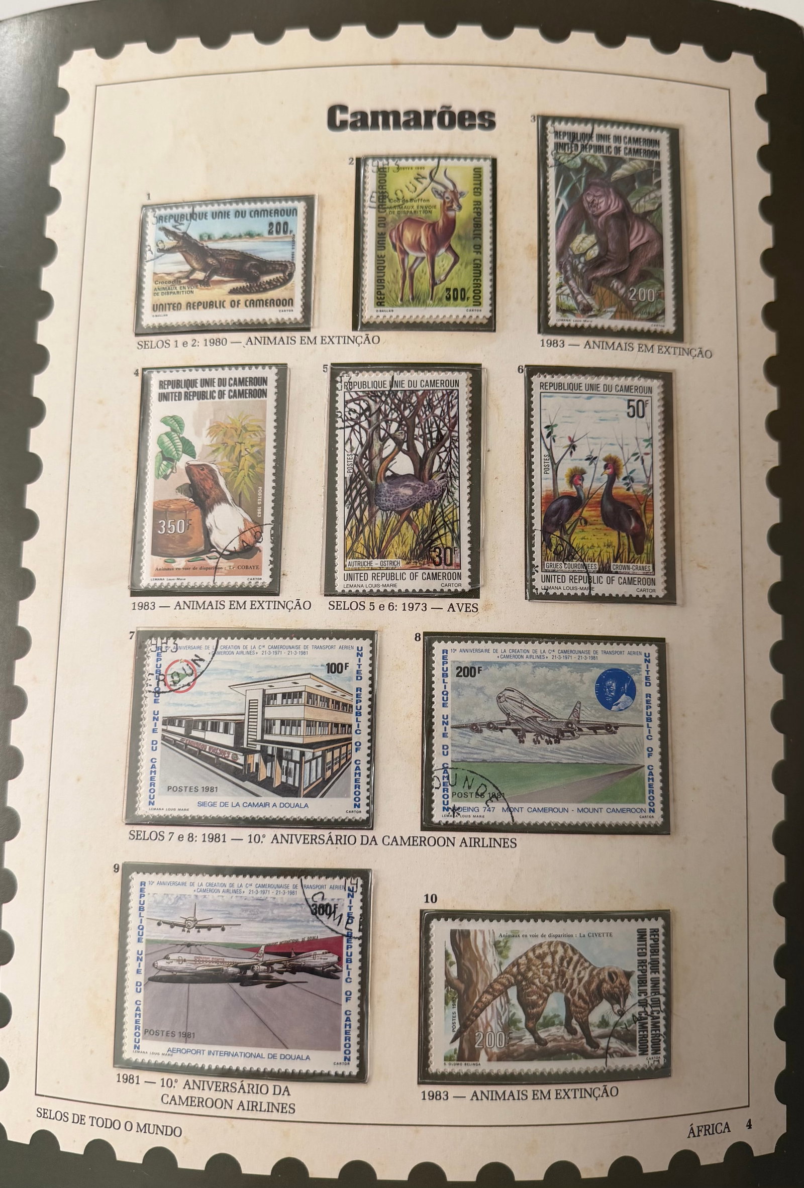 Vintage Cameroon Stamp Collection; 10 Stamps Featuring Wildlife, Transportation, National Progress: A dynamic and visually compelling collection of 10 vintage stamps from Cameroon, showcasing a harmonious blend of the country's natural heritage and technological aspirations. This vibrant set include