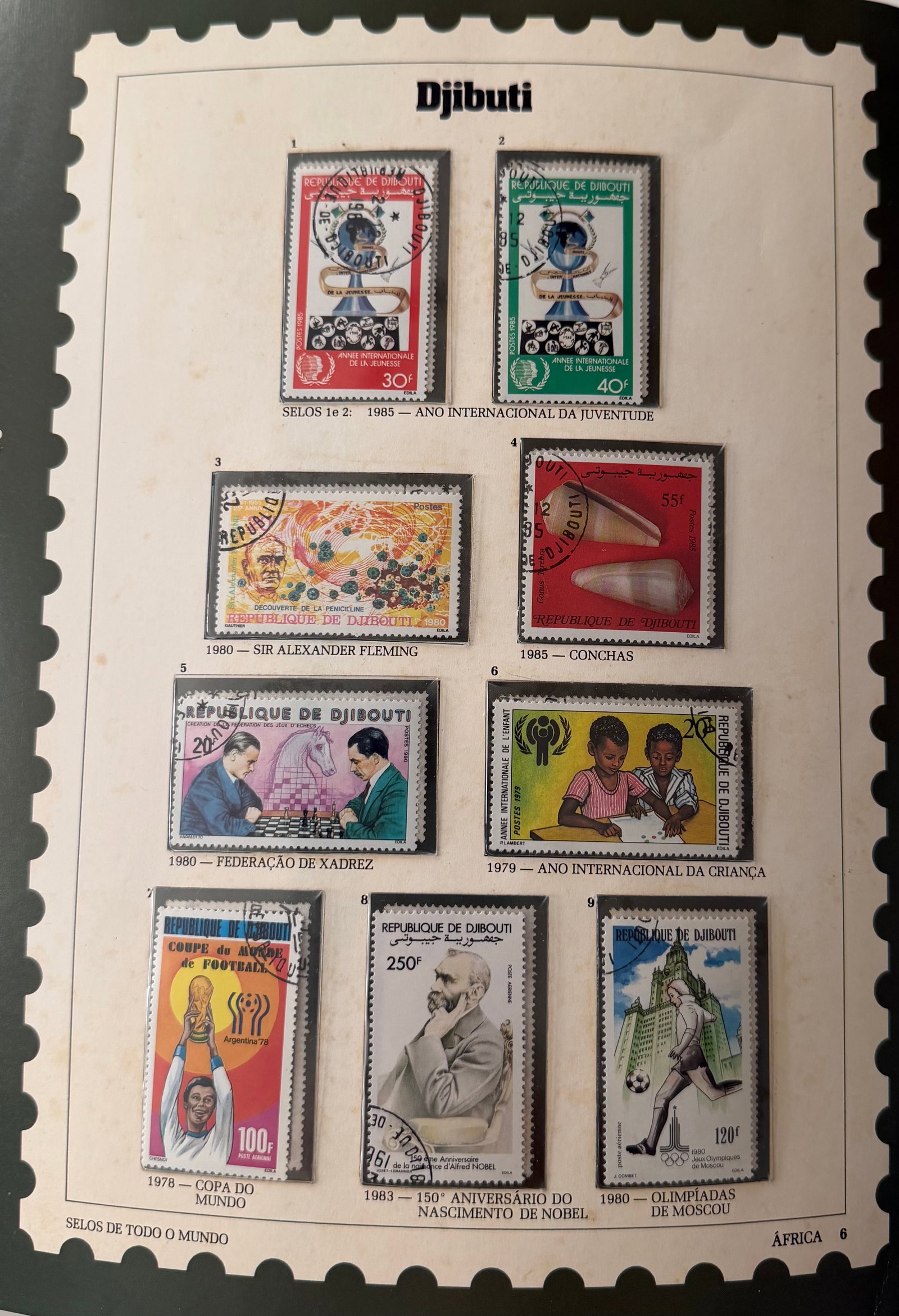 Vintage Djibouti Stamp Collection; 9 Stamps Featuring Education, Health & National Progress: An expressive and socially themed collection of 9 vintage stamps from Djibouti, capturing the nation's aspirations, civic pride, and developmental goals. This compelling set features vivid illustratio