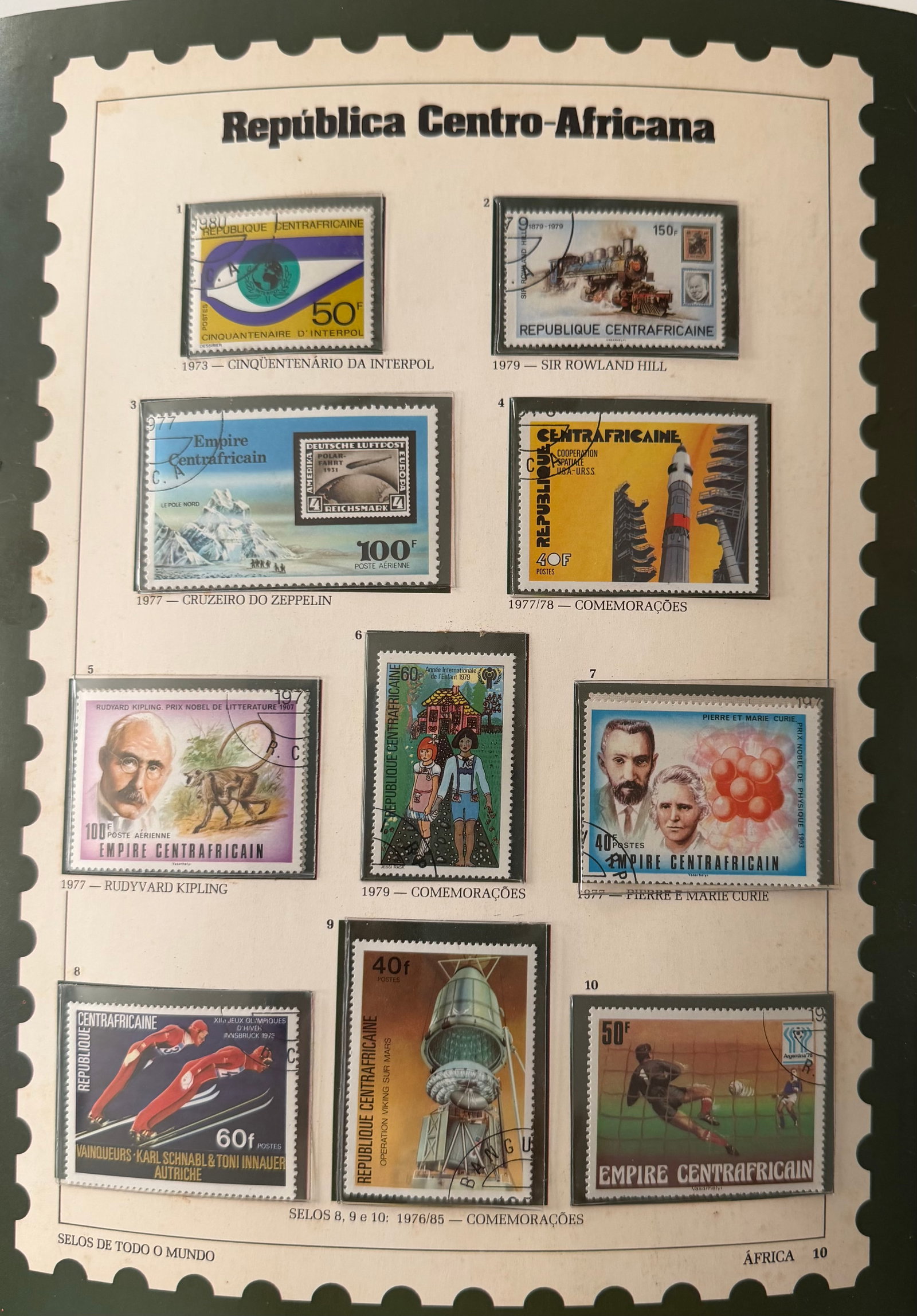 Vintage Central African Republic 10 Stamp Collection; Featuring Science, Culture & others: A vivid and eclectic collection of 10 vintage stamps from the Central African Republic, showcasing a compelling mix of scientific, cultural, and political themes. This dynamic set includes imagery rel