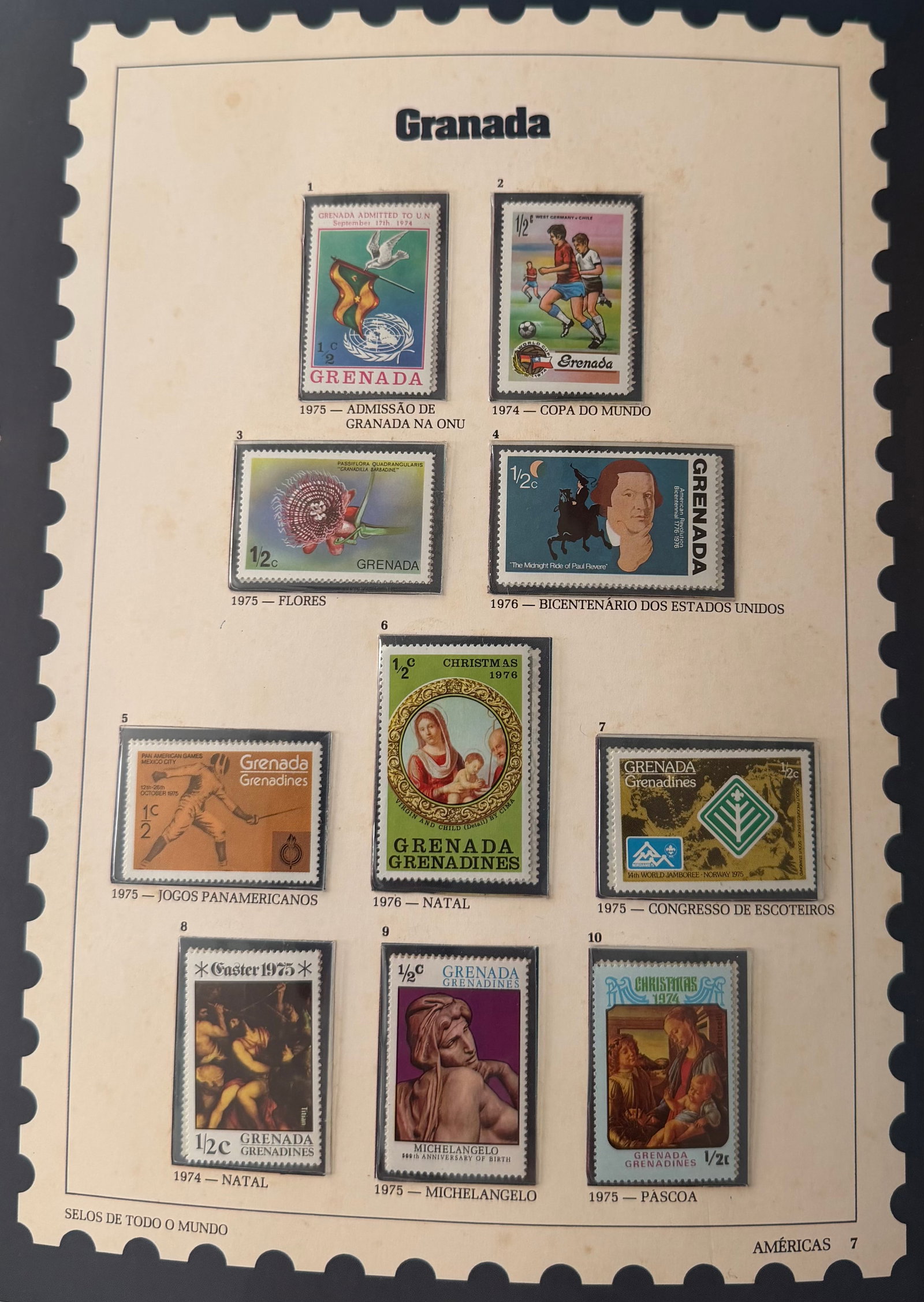 Vintage Grenada Stamp Collection; 10 Stamps Featuring Sports, Art, Nature & Festive Themes: A vibrant and eclectic 10-stamp collection from Grenada, showcasing a lively mix of Olympic sports, classical art, native flora, Christmas illustrations, and national emblems. This set captures the is