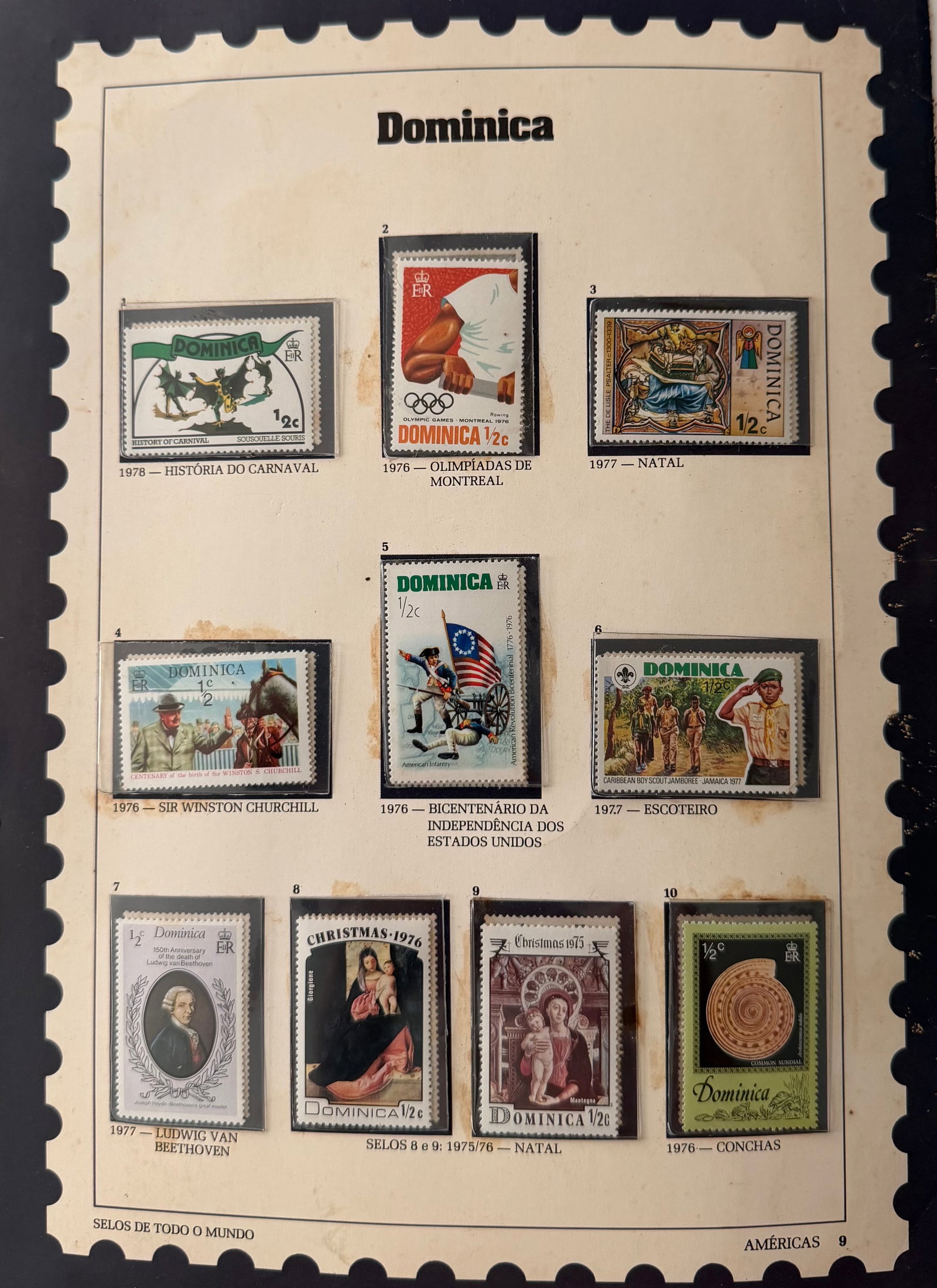 Vintage Dominica Stamp Collection; 10 Stamps Featuring Festive, Historical & Cultural Themes: A lively and diverse 10-stamp collection from Dominica, celebrating the island's rich heritage, global connections, and festive traditions. This set features a vibrant mix of Christmas illustrations, 