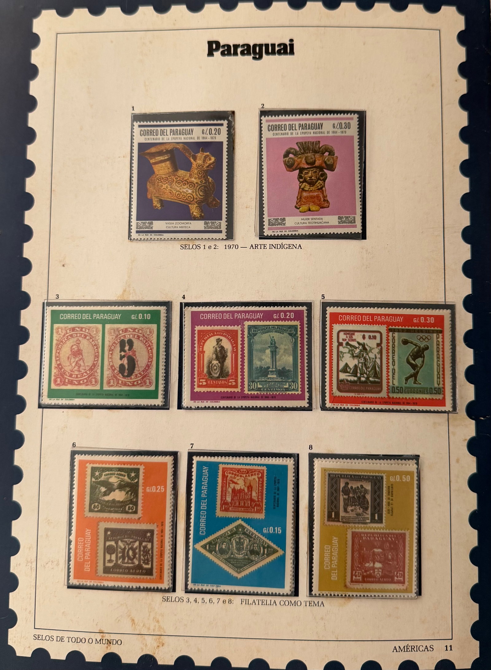 Vintage Paraguay Stamp Collection; 8 Stamps Featuring Artifacts, Classics & Cultural Symbols: A visually striking and culturally rich 8-stamp collection from Paraguay, showcasing a unique blend of artistic, historical, and national themes. This set includes vibrant depictions of pre-Columbian