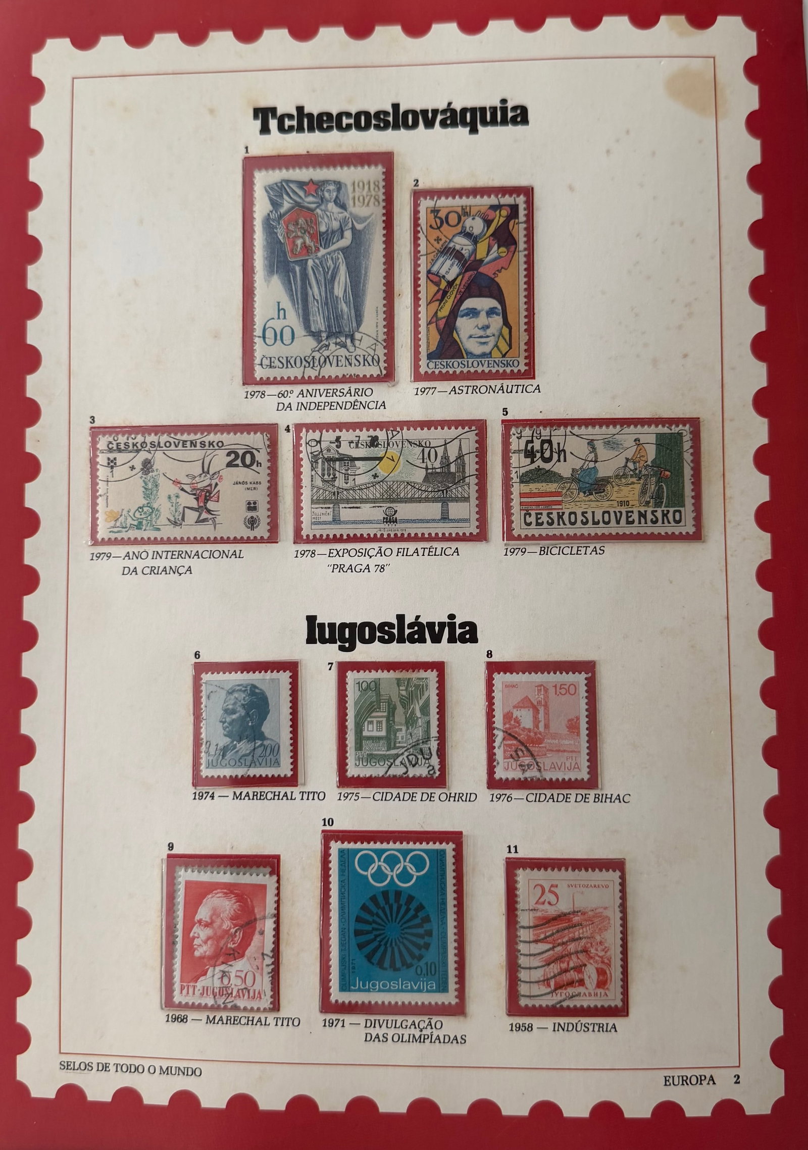 Vintage Czechoslovakia + Yugoslavia Stamp Collection; 11 Stamps: A bold and visually distinctive 5-stamp collection from Czechoslovakia, reflecting the country's political identity, cultural pride, and artistic influence. These stamps feature a range of themes