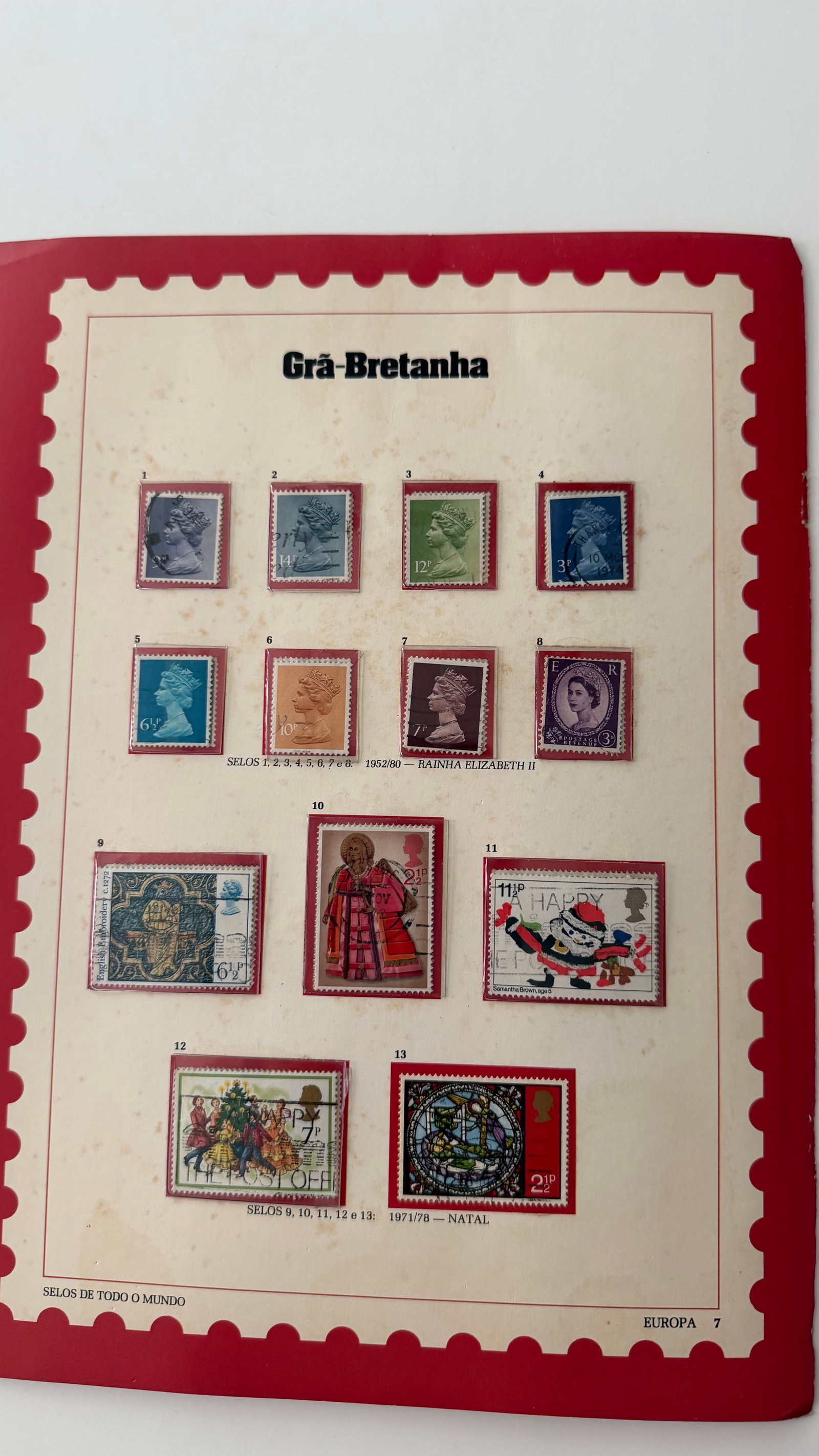 Vintage Great Britain Stamp Collection; 13 Stamps Featuring Royal Portraits, Traditions & others: A graceful and well-curated 13-stamp collection from Great Britain, blending the timeless elegance of Queen Elizabeth II's classic profile portraits with a rich variety of thematic issues. The set inc