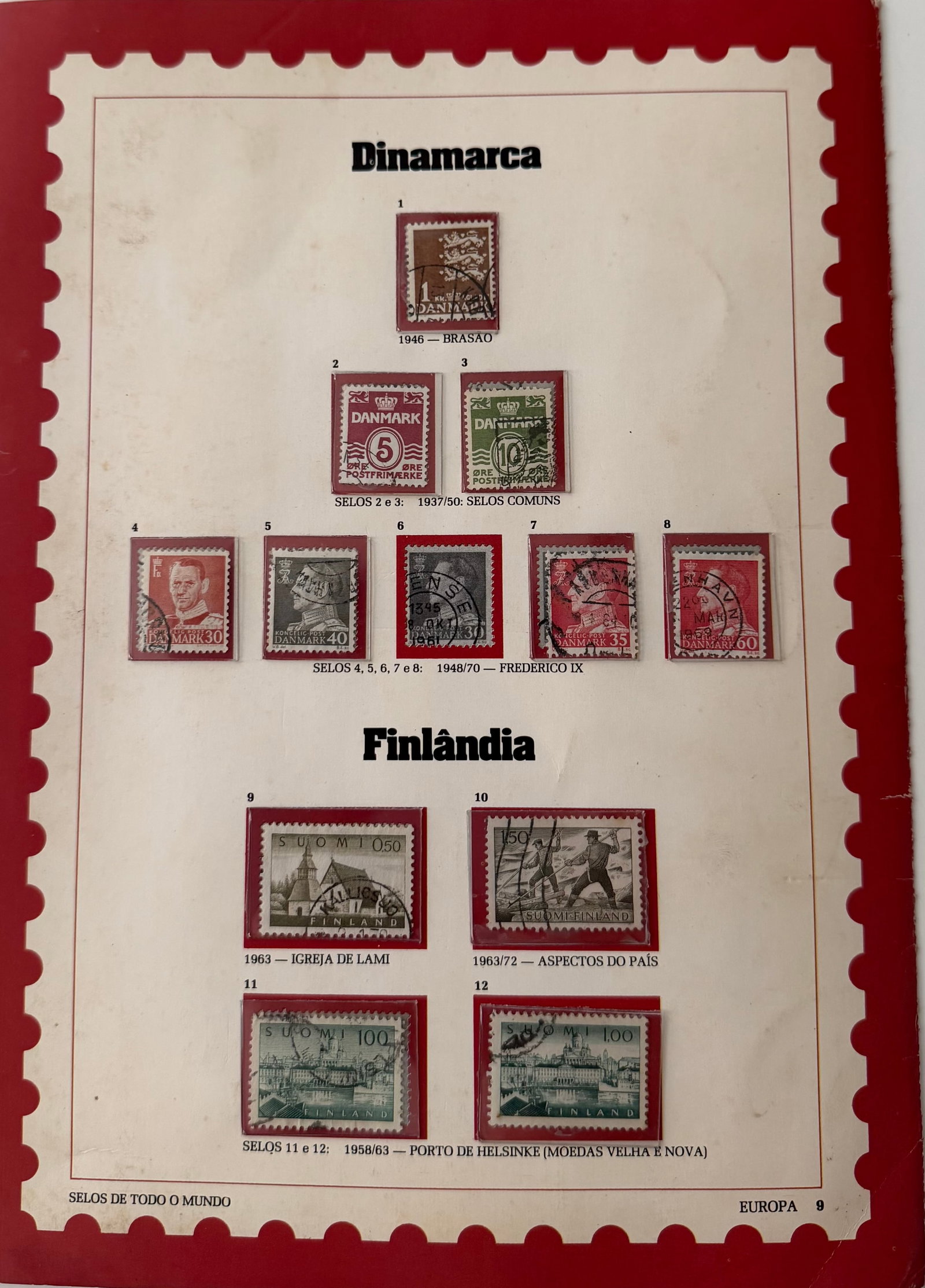 Vintage Denmark + Finland Stamp Collection; 12 Stamps: A richly colored and classically styled 8-stamp collection from Denmark, celebrating the country's monarchic tradition, historical landmarks, and Scandinavian design sensibility. The set includes
