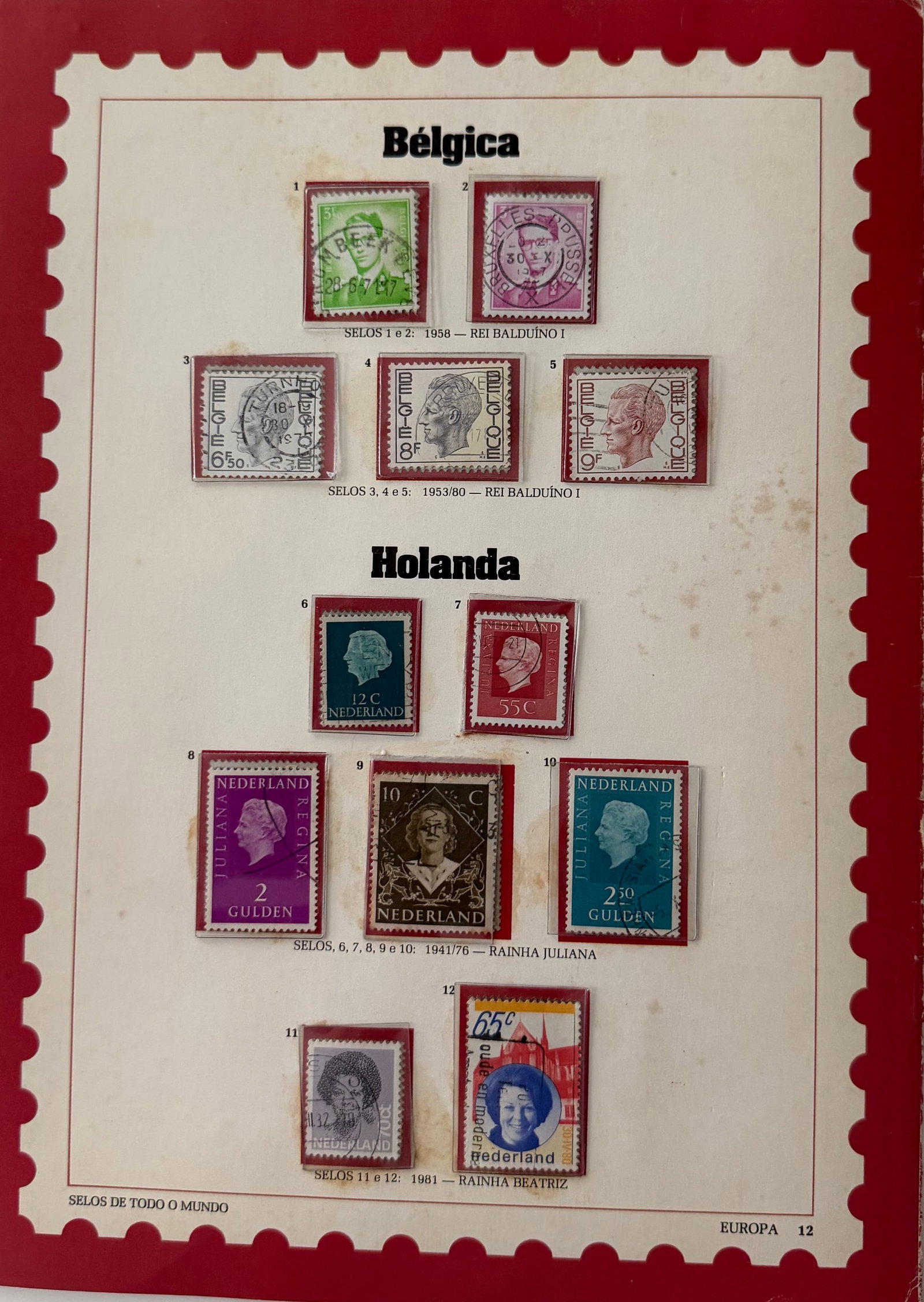 Vintage Belgium + Netherlands Stamp Collection; 12 Stamps: A classic and dignified 5-stamp collection from Belgium, centered on royal portraiture and historic typographic design. These mid-20th-century issues reflect Belgium's dual heritage of monarchic